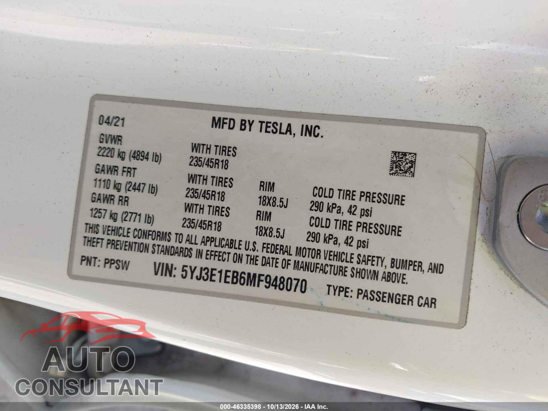 TESLA MODEL 3 2021 - 5YJ3E1EB6MF948070