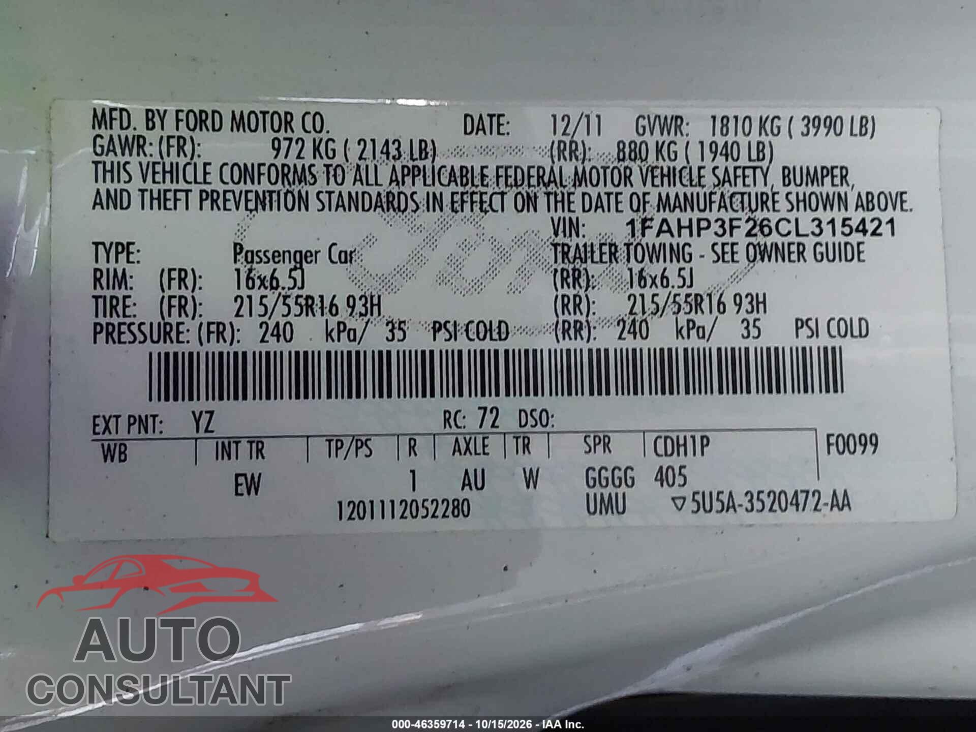 FORD FOCUS 2012 - 1FAHP3F26CL315421