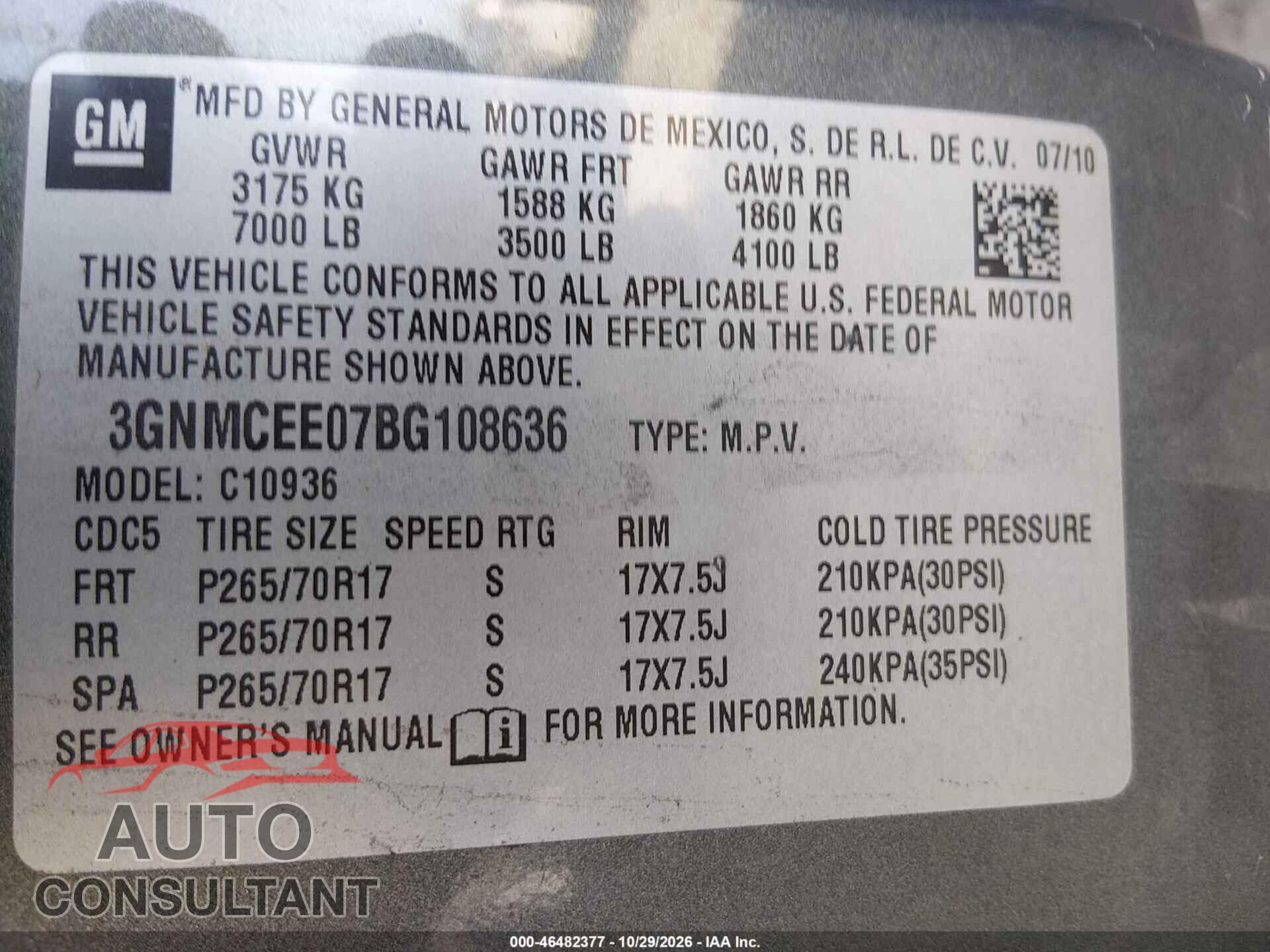 CHEVROLET AVALANCHE 1500 2011 - 3GNMCEE07BG108636