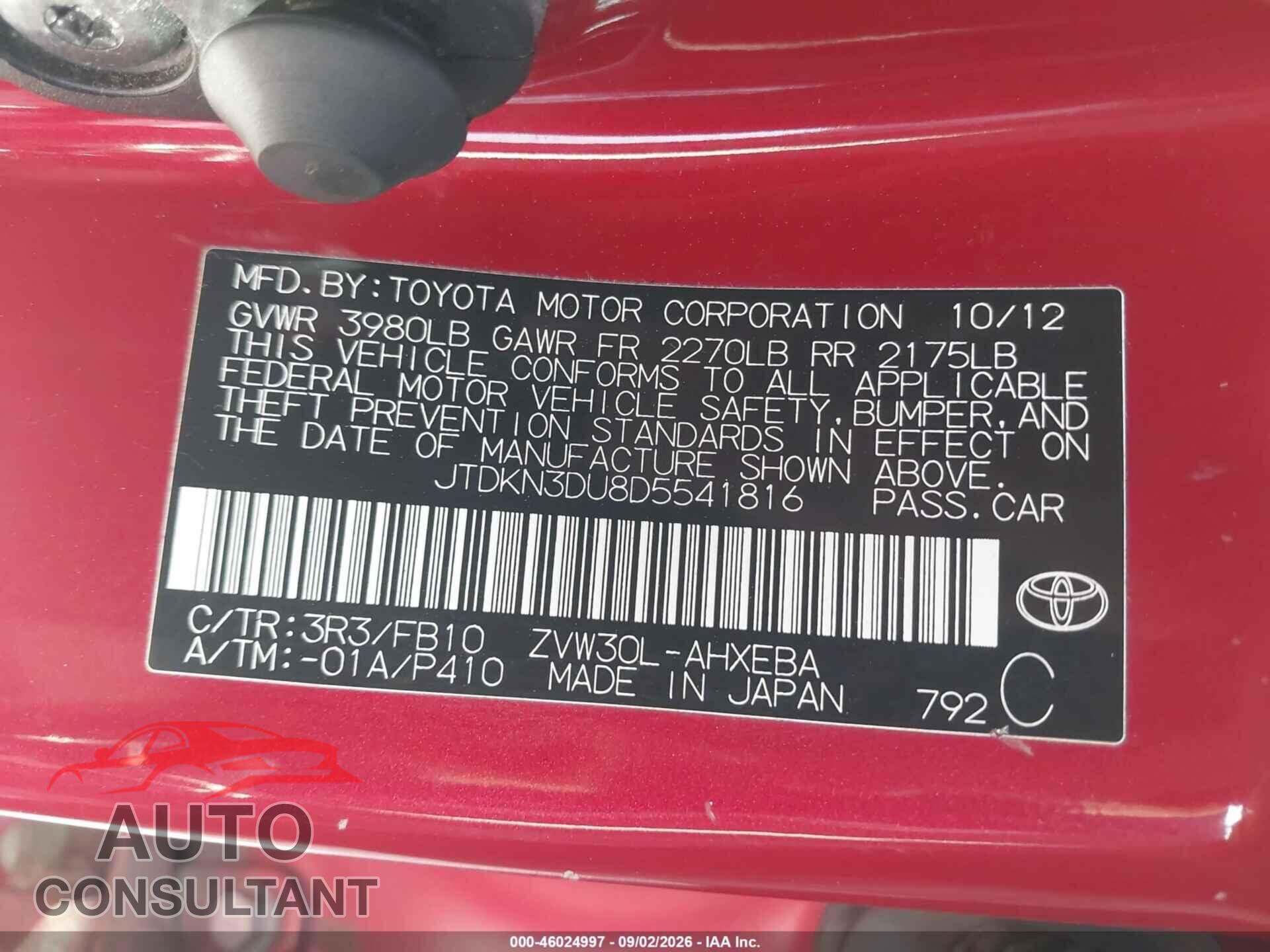 TOYOTA PRIUS 2013 - JTDKN3DU8D5541816