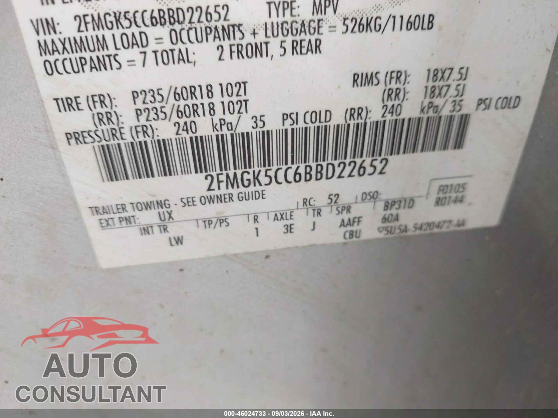 FORD FLEX 2011 - 2FMGK5CC6BBD22652