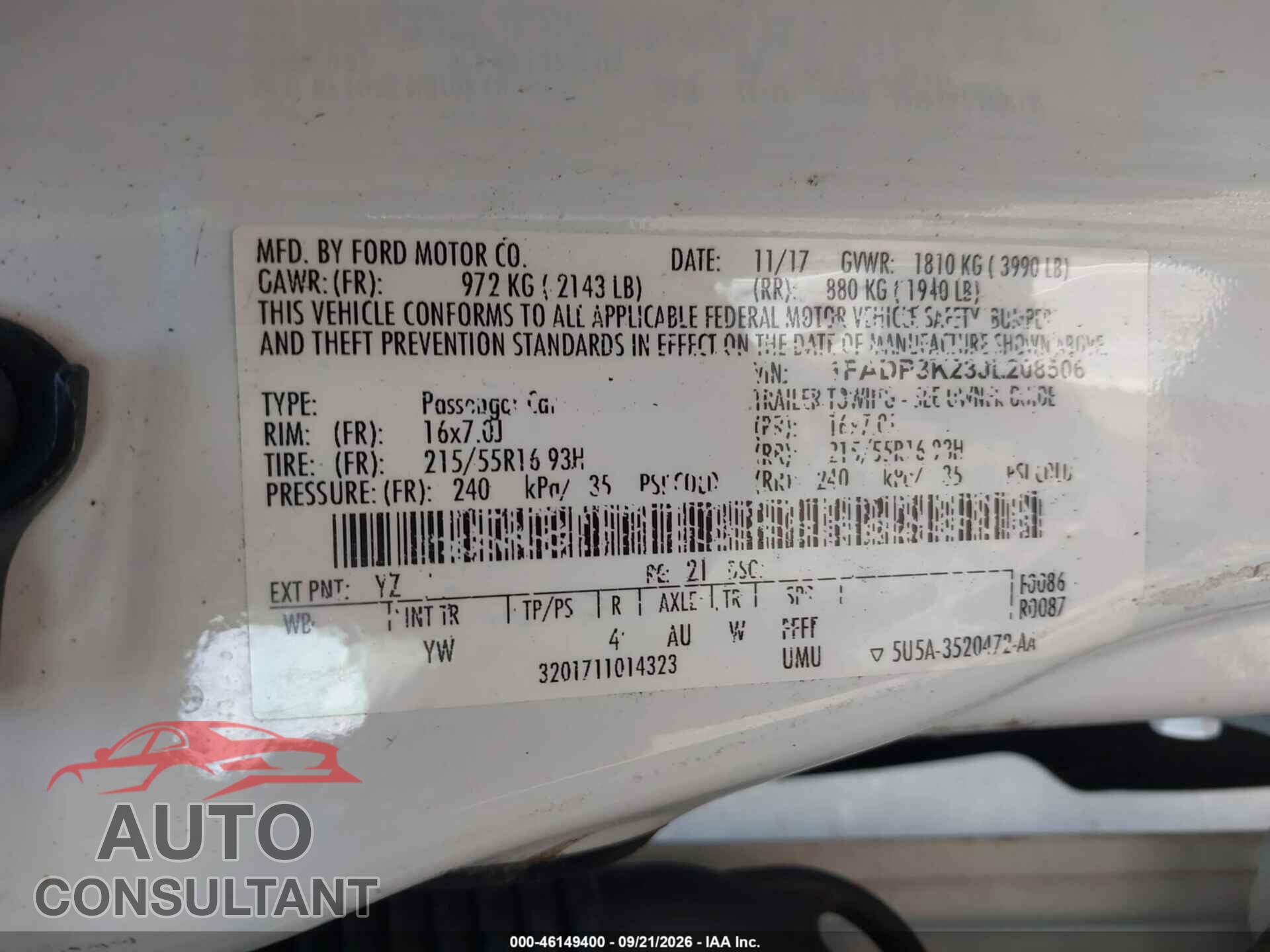 FORD FOCUS 2018 - 1FADP3K23JL208506
