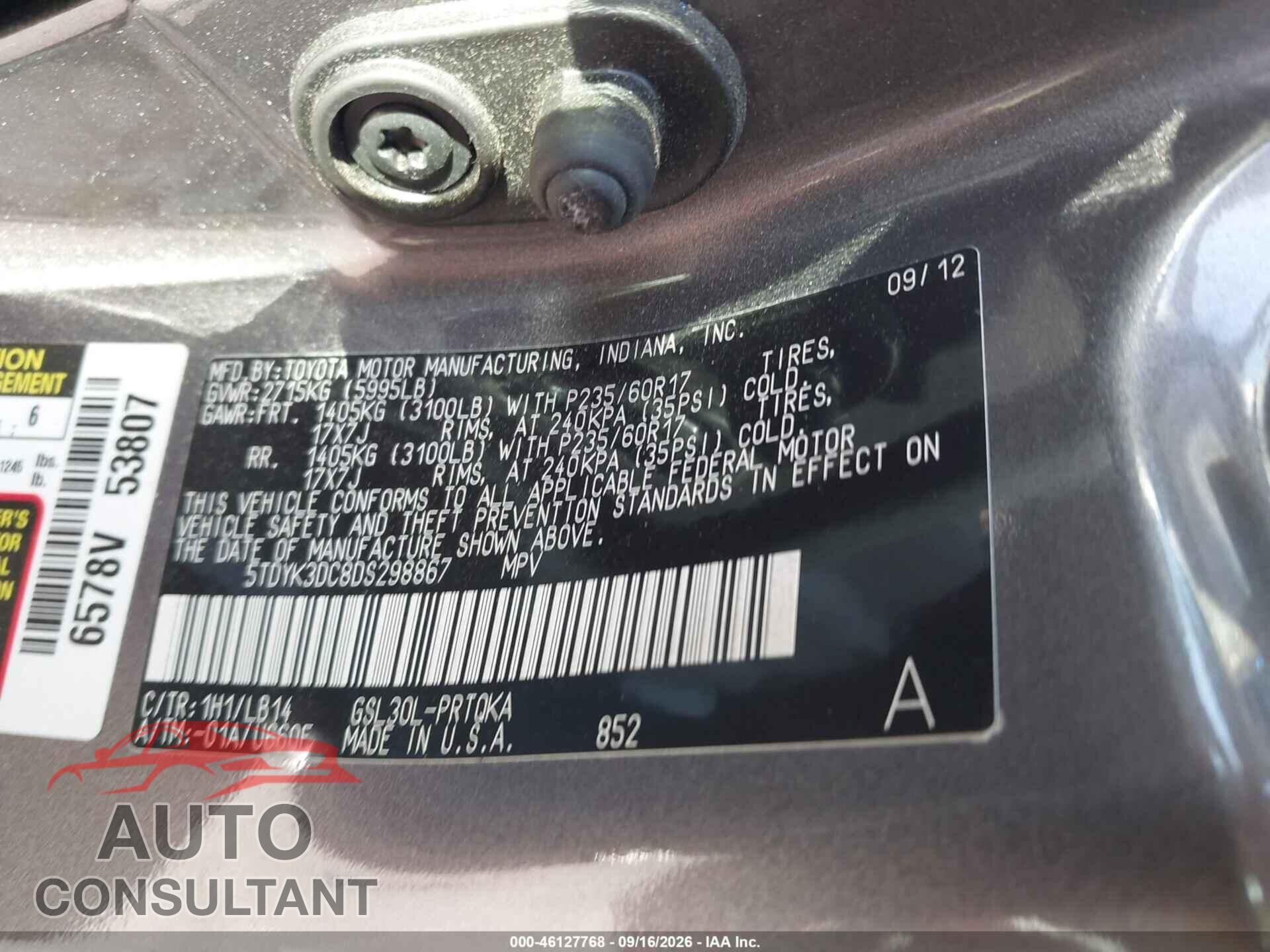 TOYOTA SIENNA 2013 - 5TDYK3DC8DS298867
