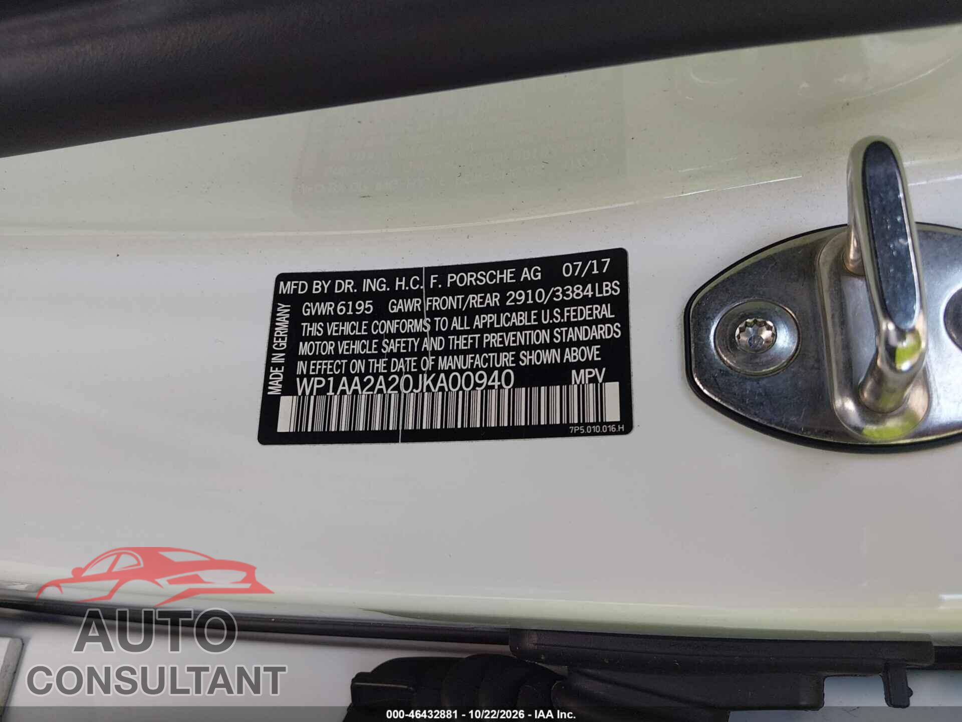 PORSCHE CAYENNE 2018 - WP1AA2A20JKA00940