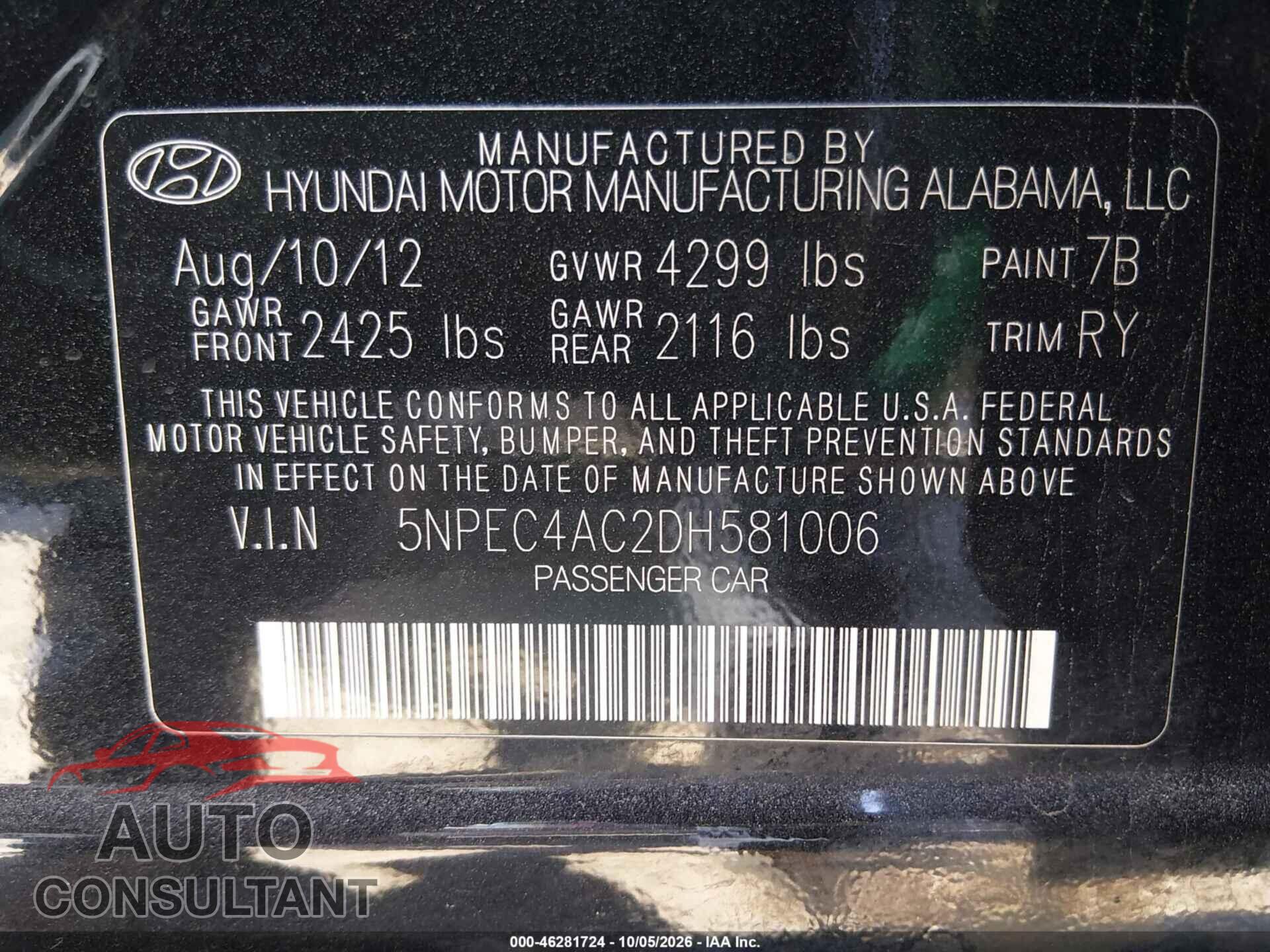 HYUNDAI SONATA 2013 - 5NPEC4AC2DH581006