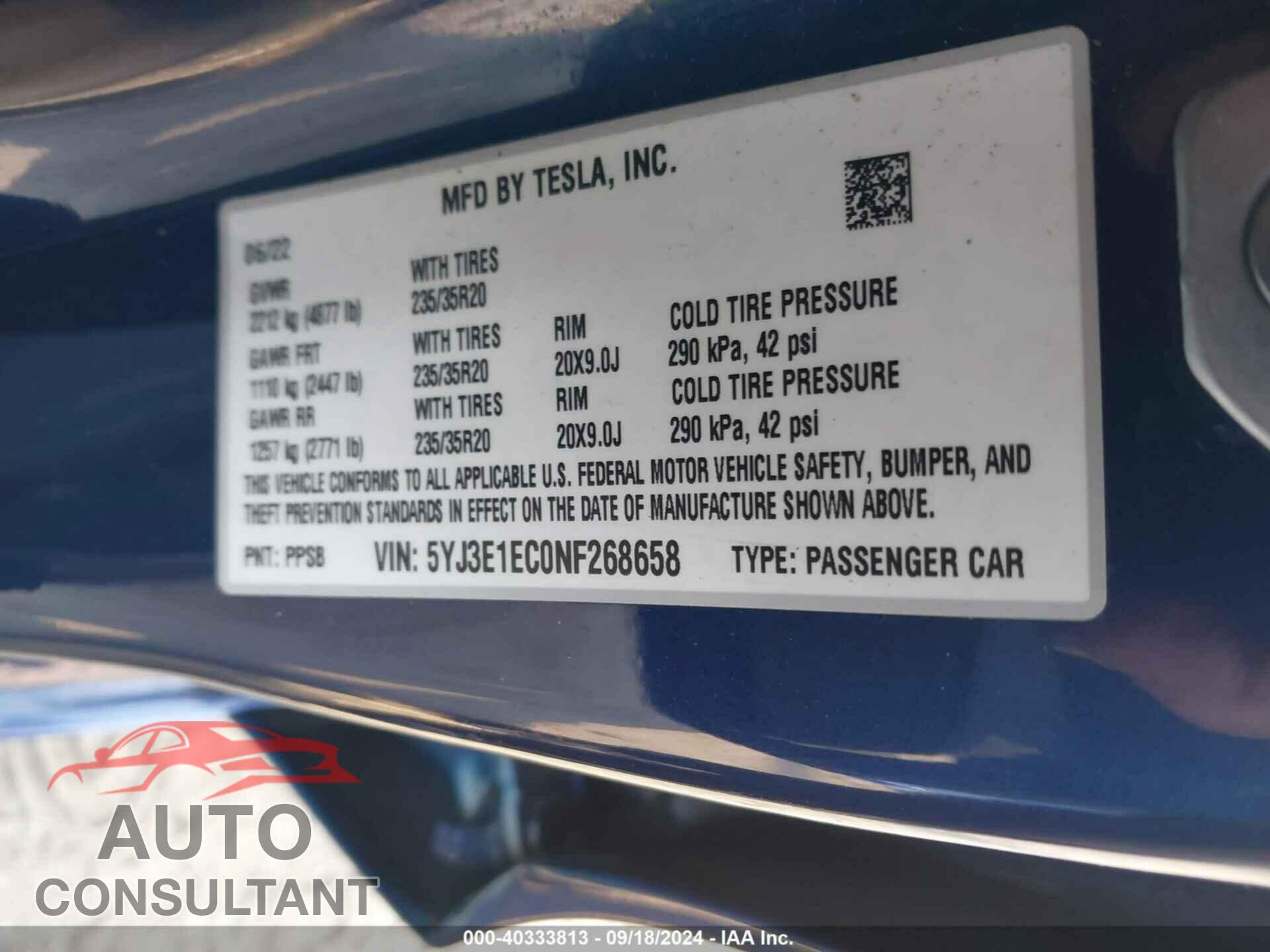 TESLA MODEL 3 2022 - 5YJ3E1EC0NF268658