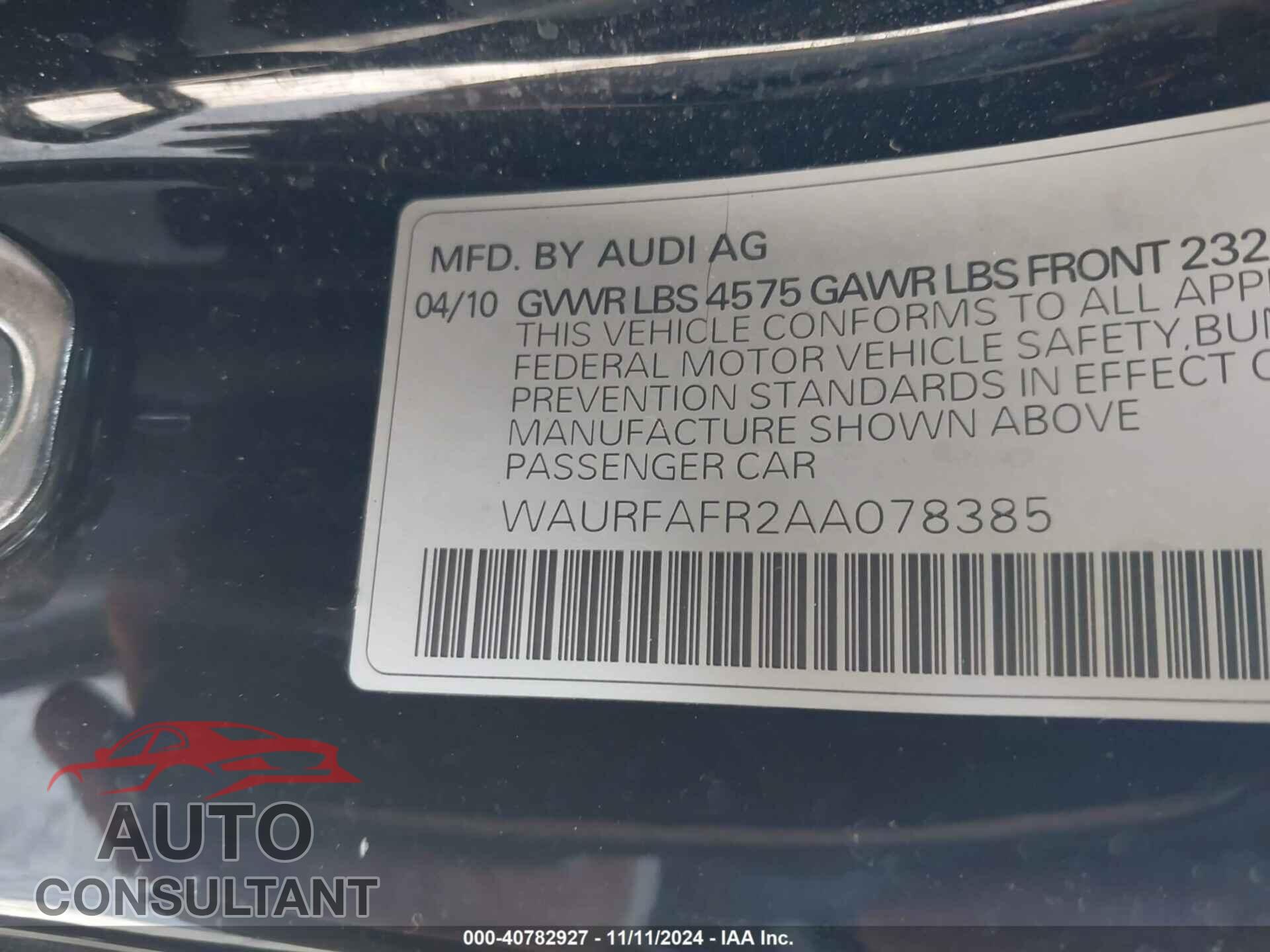 AUDI A5 2010 - WAURFAFR2AA078385
