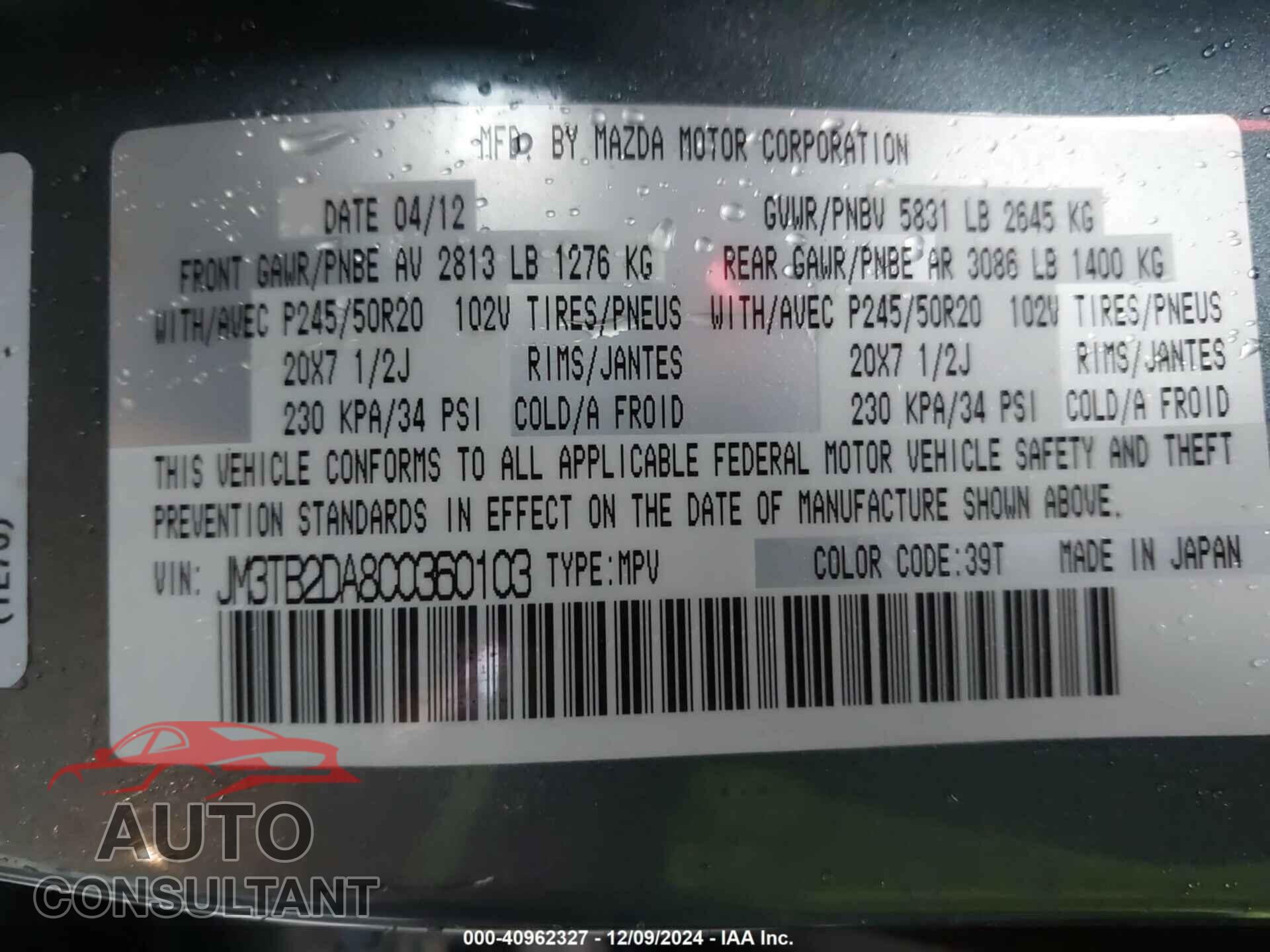 MAZDA CX-9 2012 - JM3TB2DA8C0360103