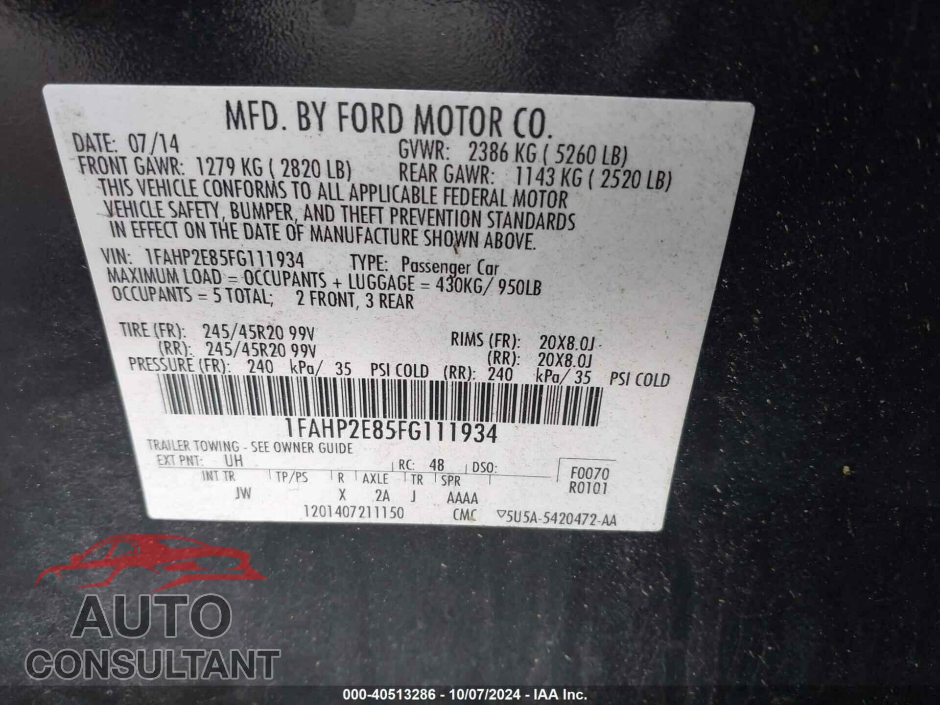 FORD TAURUS 2015 - 1FAHP2E85FG111934