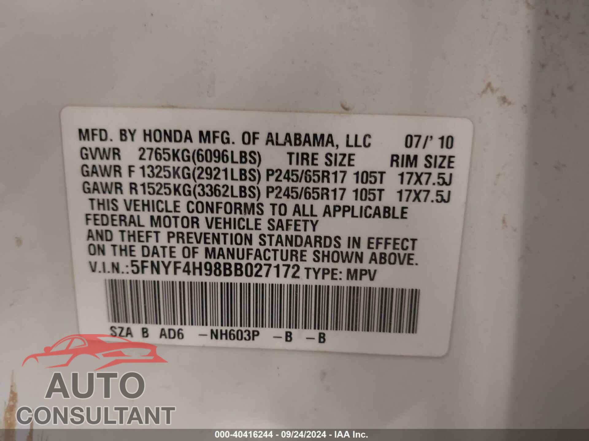 HONDA PILOT 2011 - 5FNYF4H98BB027172