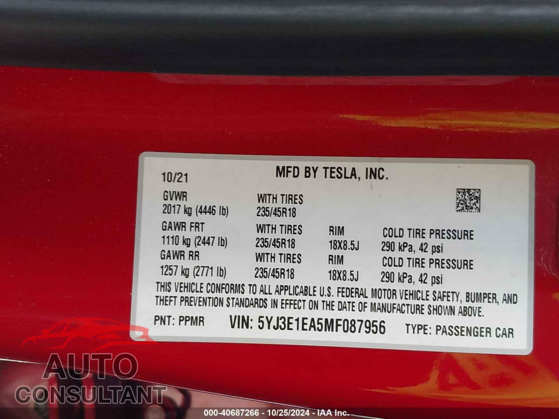 TESLA MODEL 3 2021 - 5YJ3E1EA5MF087956