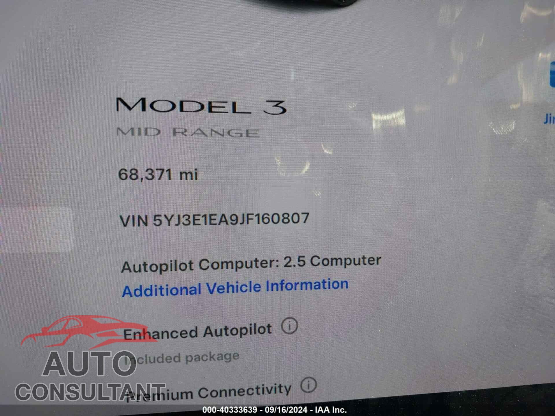 TESLA MODEL 3 2018 - 5YJ3E1EA9JF160807