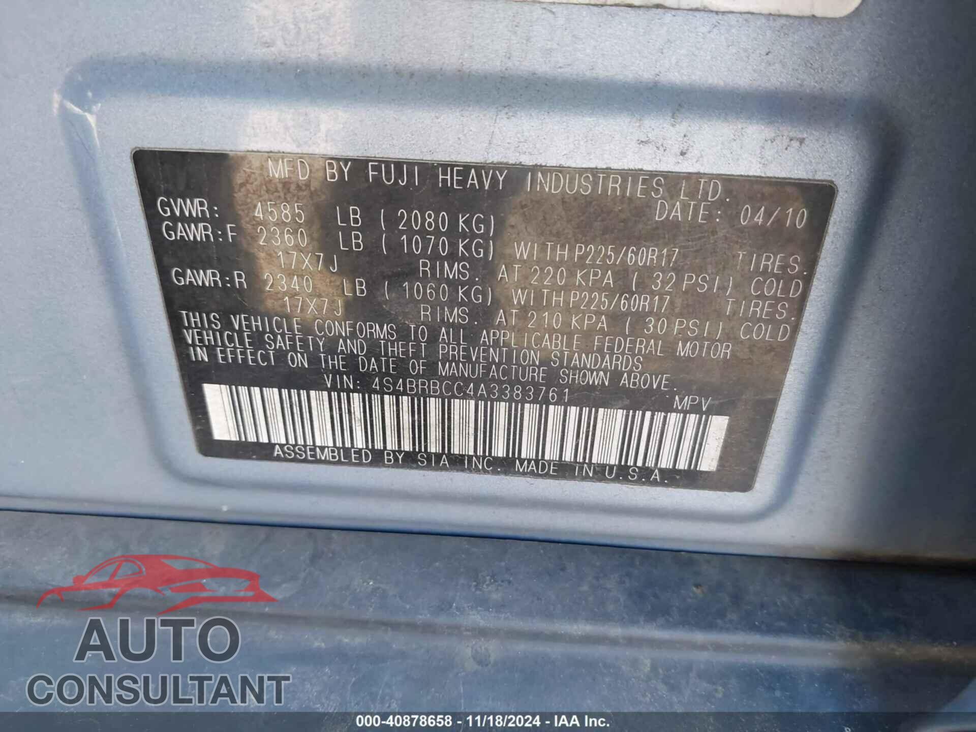 SUBARU OUTBACK 2010 - 4S4BRBCC4A3383761