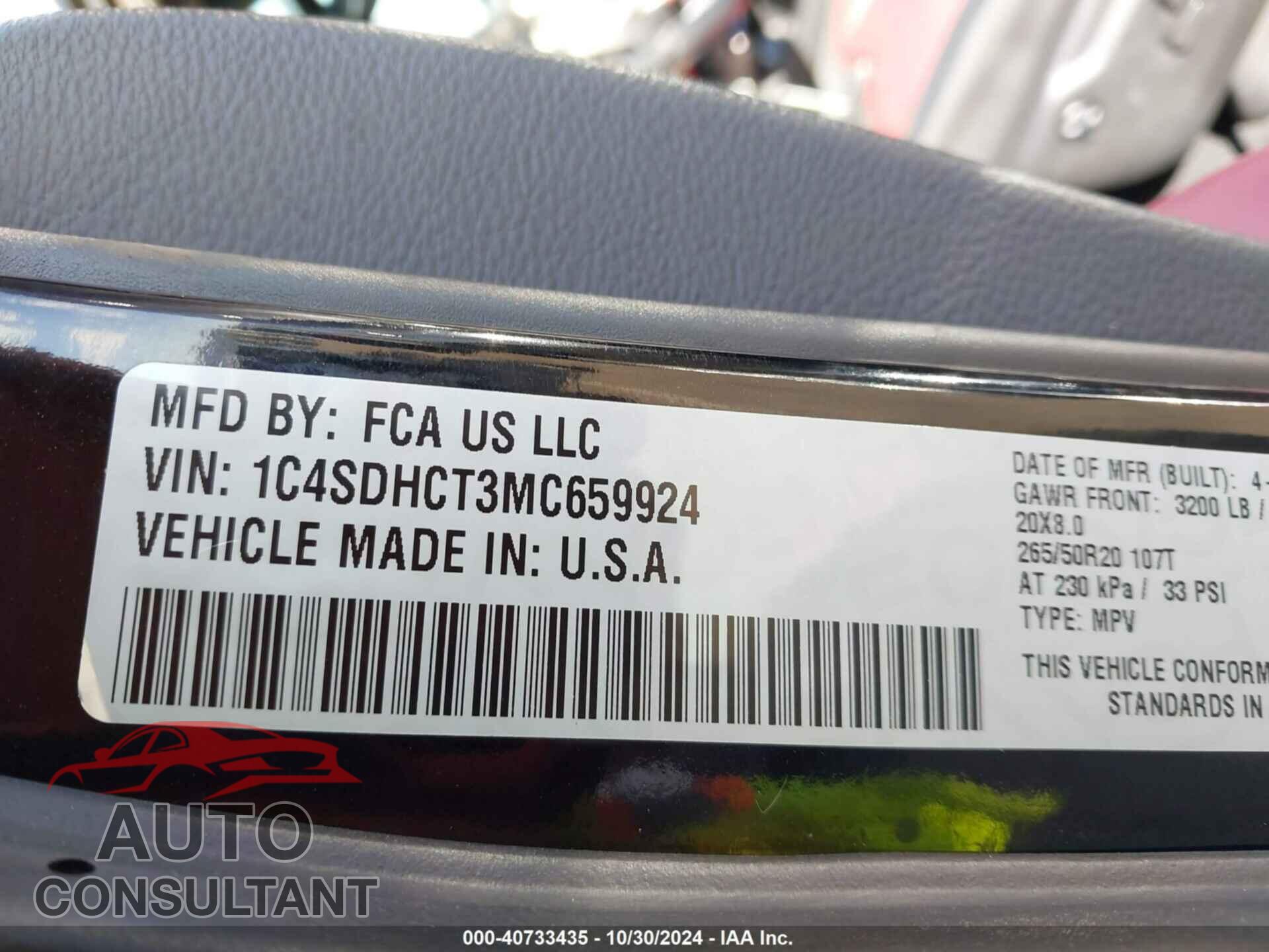 DODGE DURANGO 2021 - 1C4SDHCT3MC659924