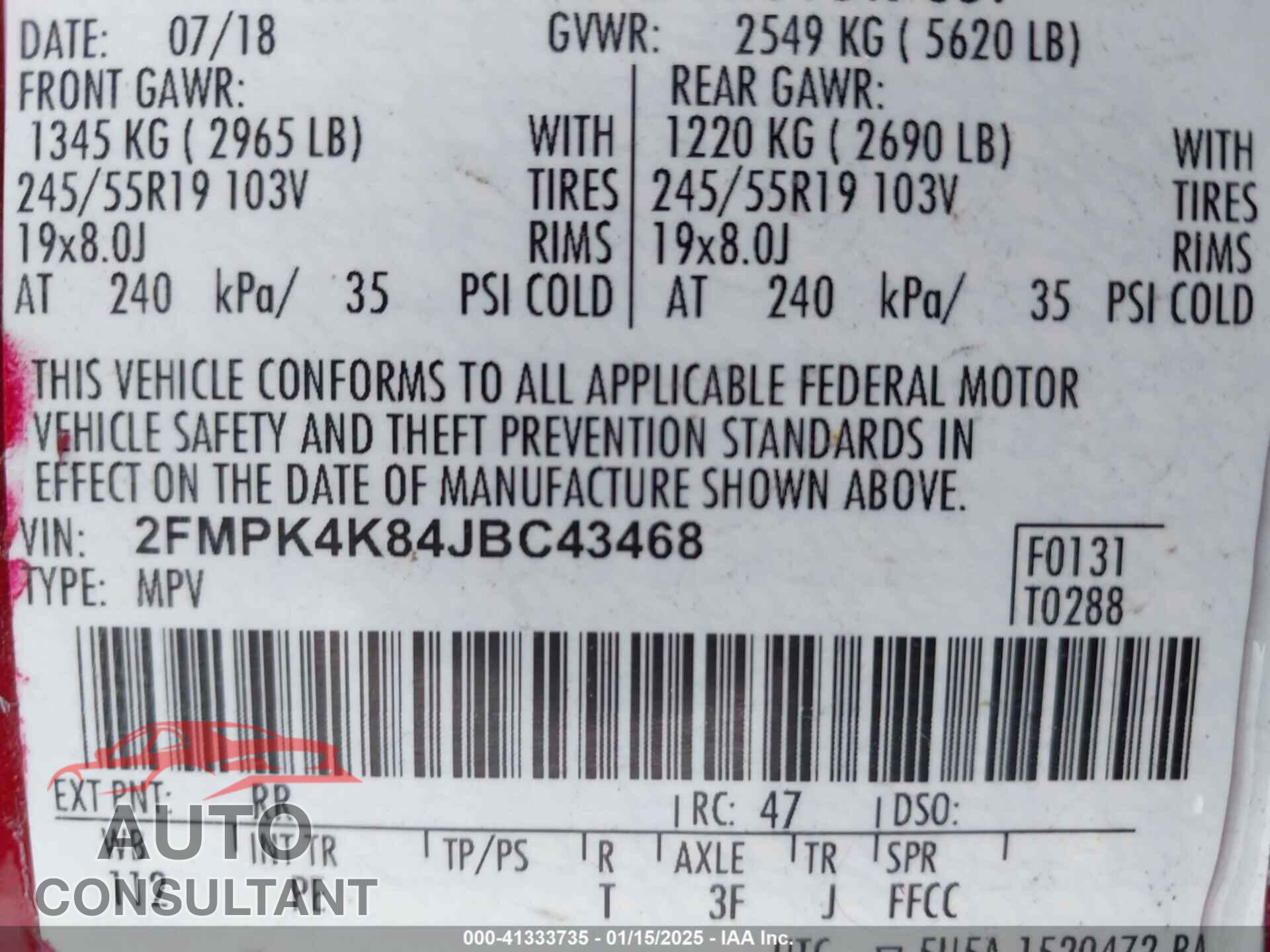 FORD EDGE 2018 - 2FMPK4K84JBC43468