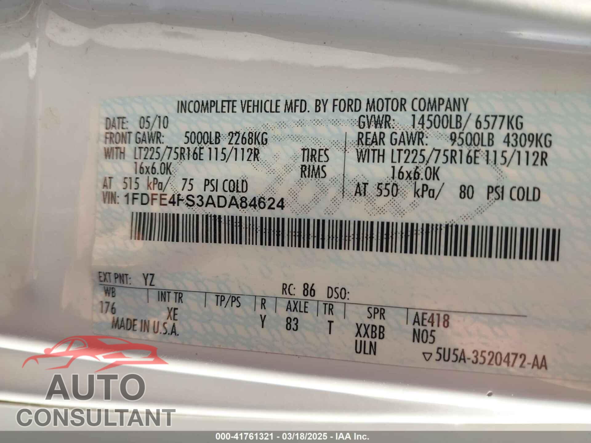 FORD E-450 CUTAWAY 2010 - 1FDFE4FS3ADA84624
