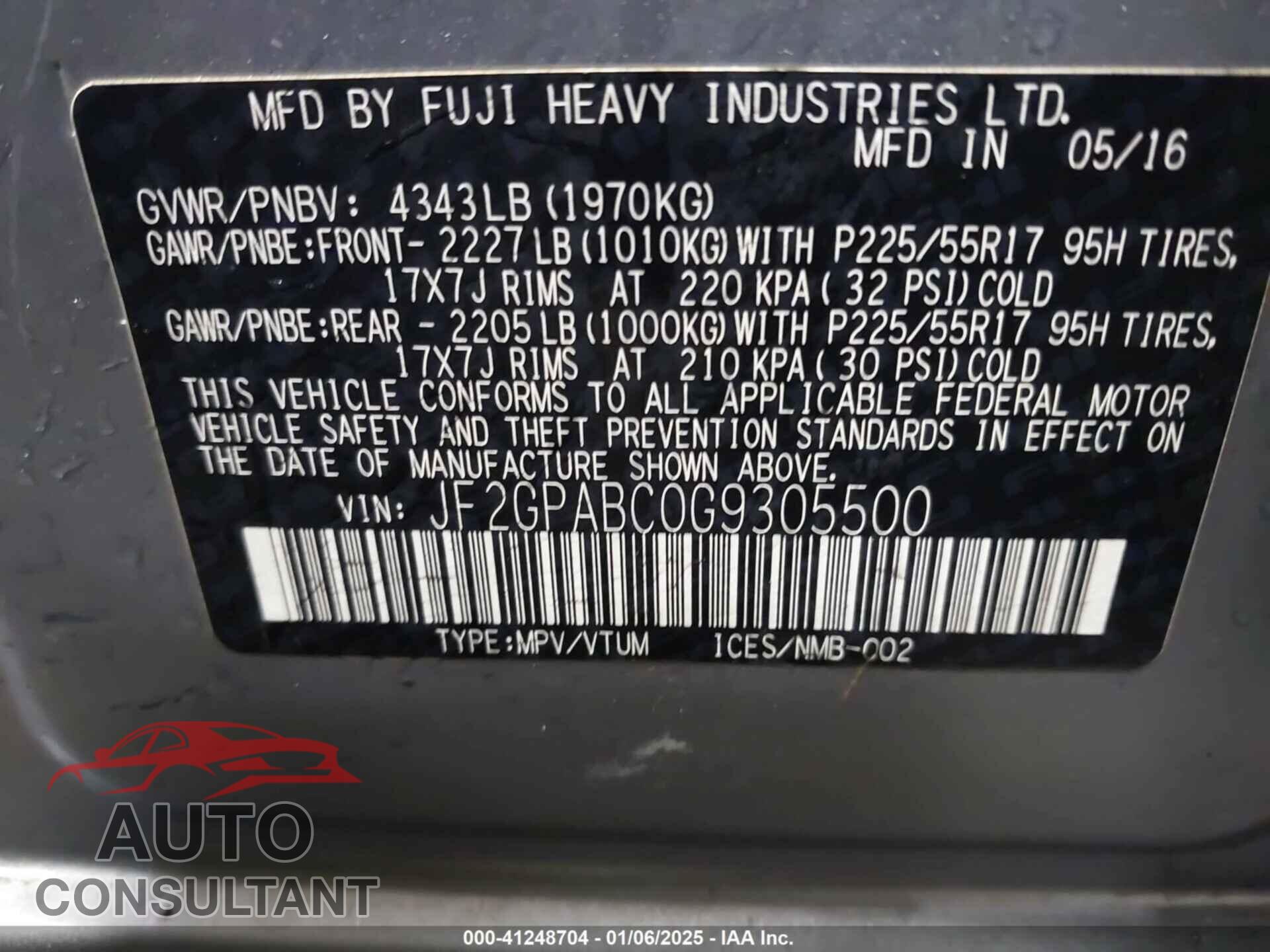 SUBARU CROSSTREK 2016 - JF2GPABC0G9305500