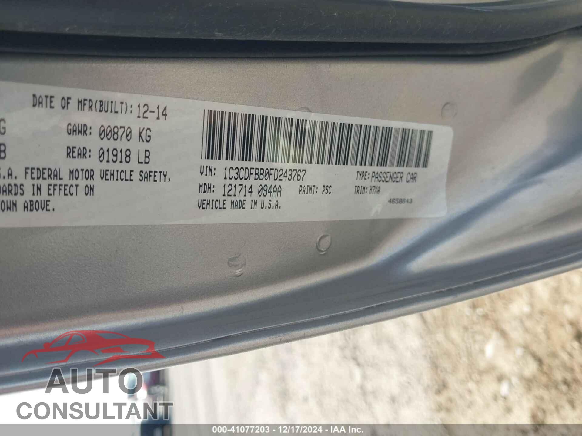 DODGE DART 2015 - 1C3CDFBB0FD243767
