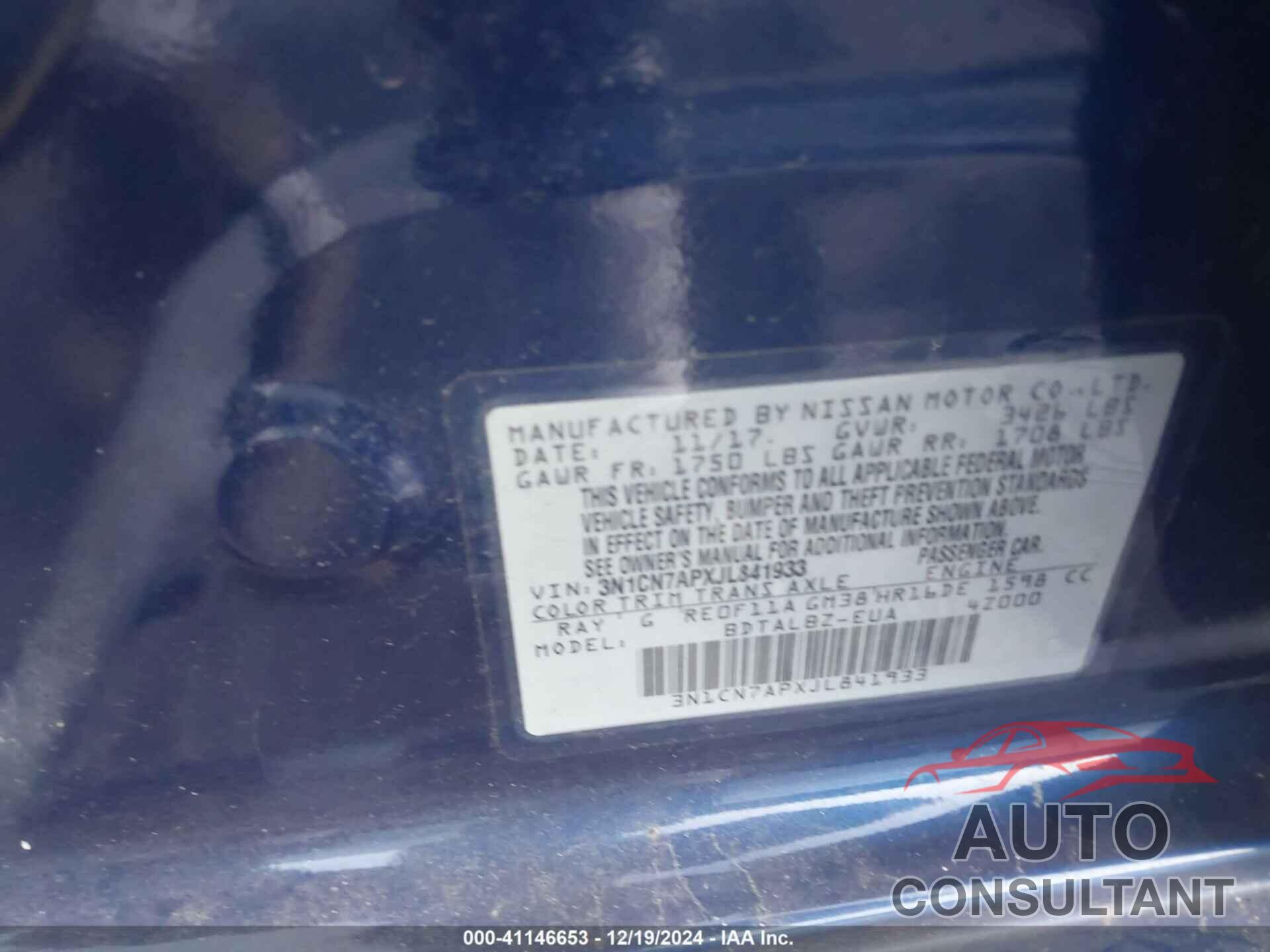 NISSAN VERSA 2018 - 3N1CN7APXJL841933