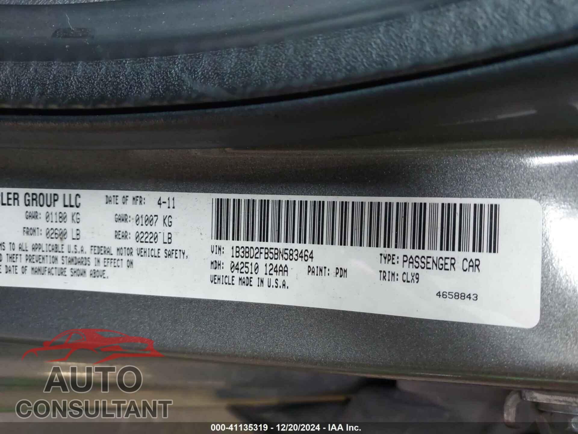 DODGE AVENGER 2011 - 1B3BD2FB5BN583464