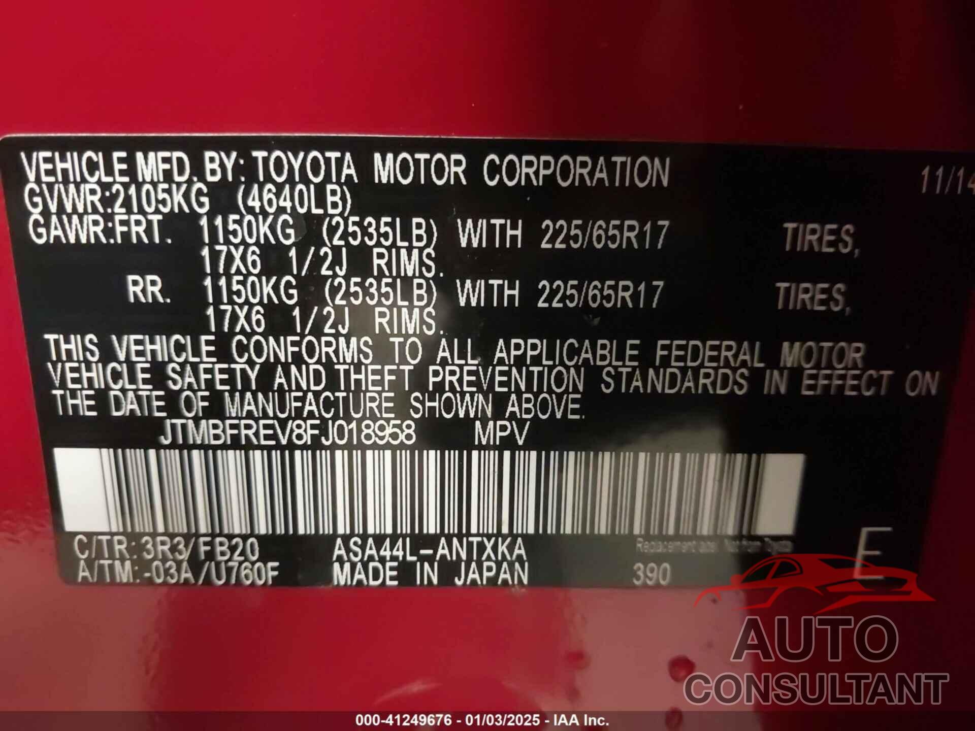 TOYOTA RAV4 2015 - JTMBFREV8FJ018958