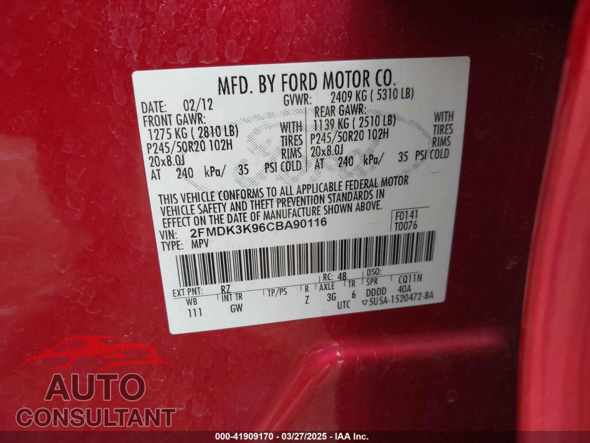 FORD EDGE 2012 - 2FMDK3K96CBA90116