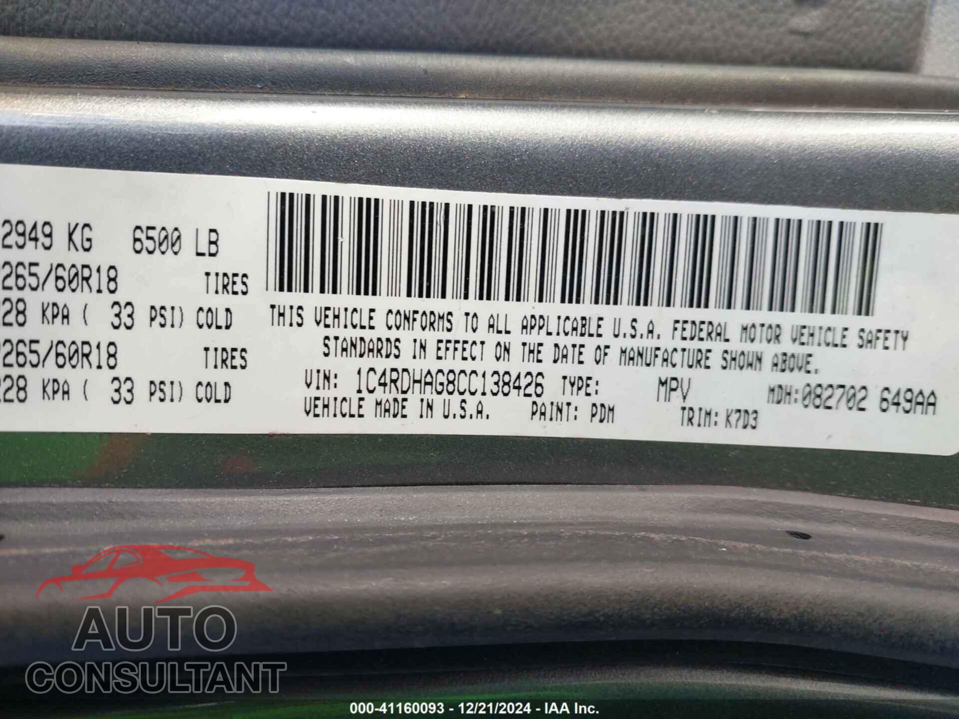 DODGE DURANGO 2012 - 1C4RDHAG8CC138426