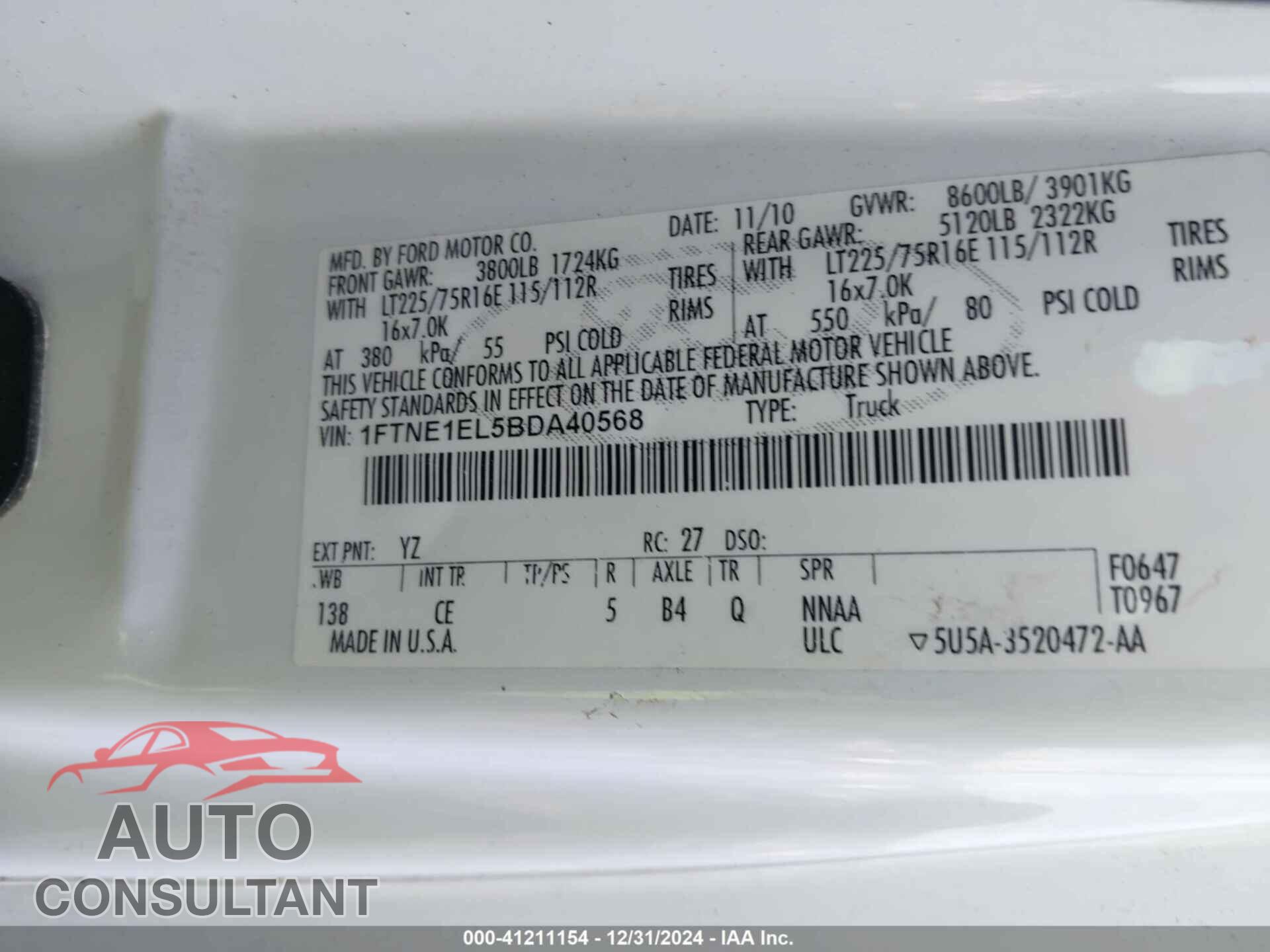 FORD E-150 2011 - 1FTNE1EL5BDA40568
