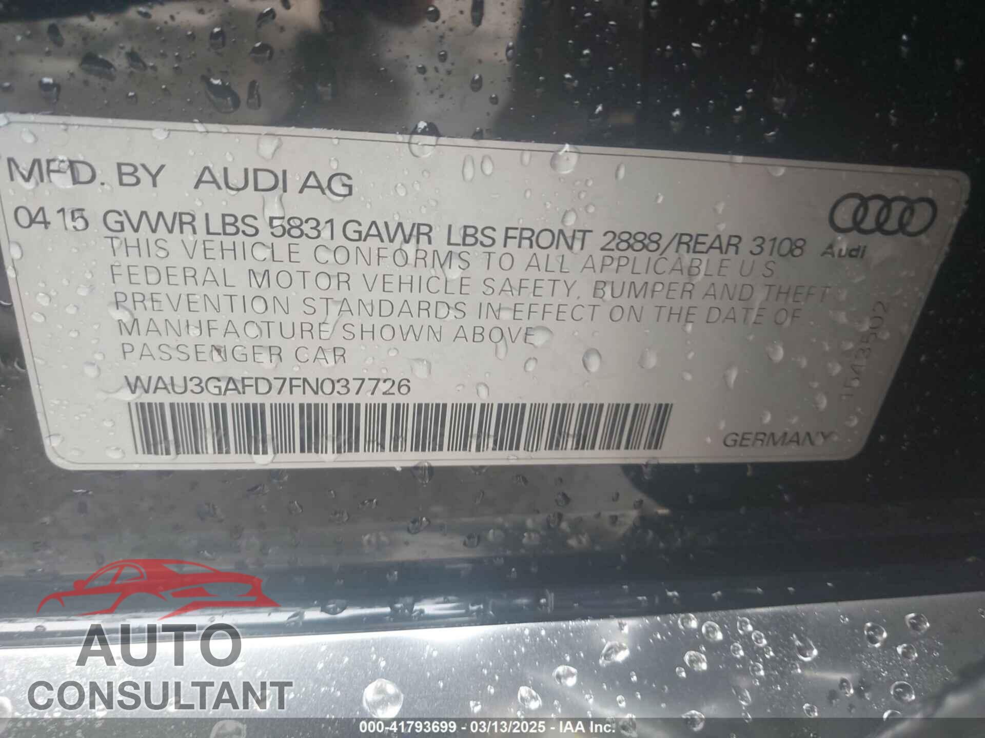 AUDI A8 L 2015 - WAU3GAFD7FN037726