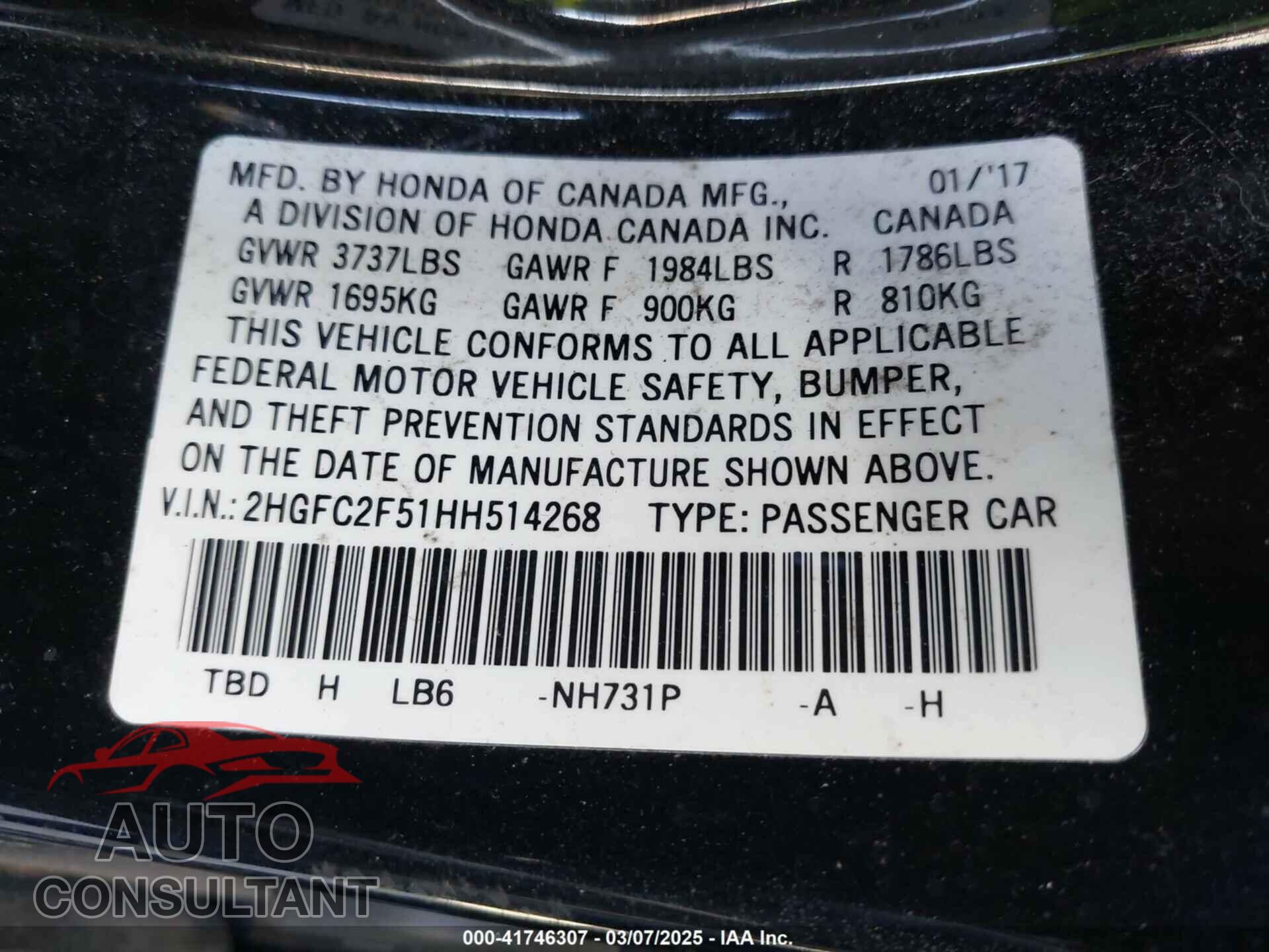 HONDA CIVIC 2017 - 2HGFC2F51HH514268