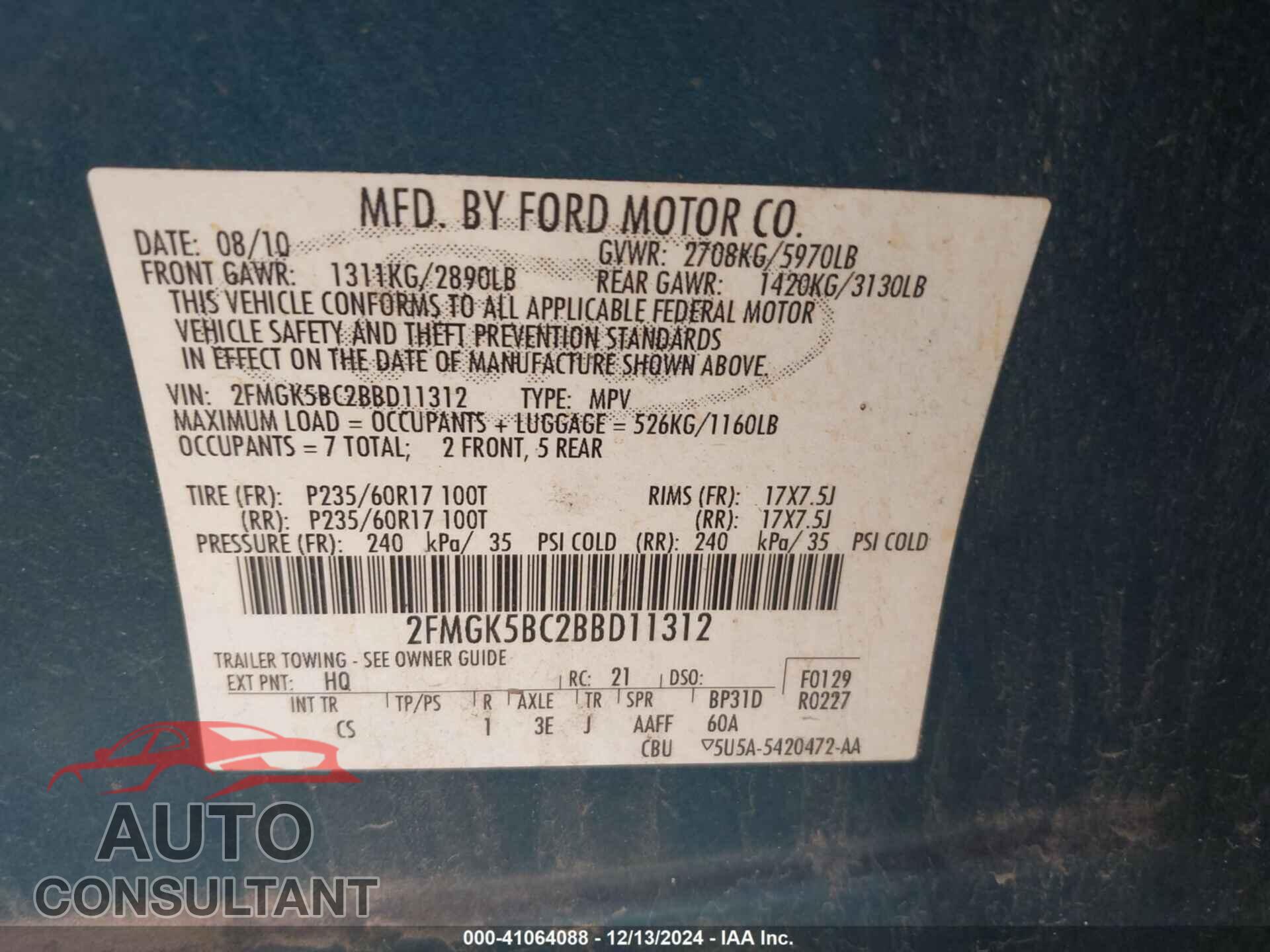 FORD FLEX 2011 - 2FMGK5BC2BBD11312