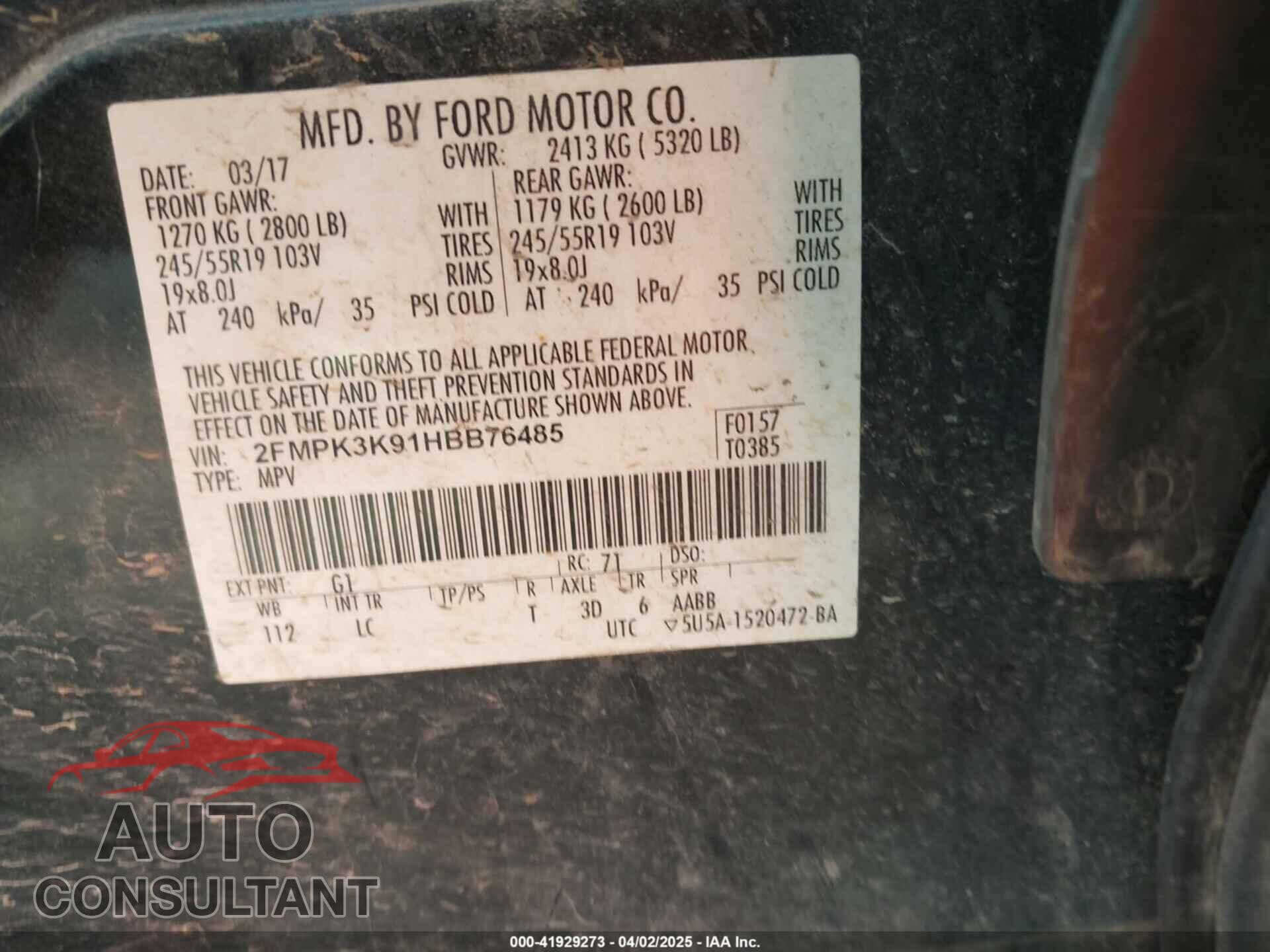 FORD EDGE 2017 - 2FMPK3K91HBB76485