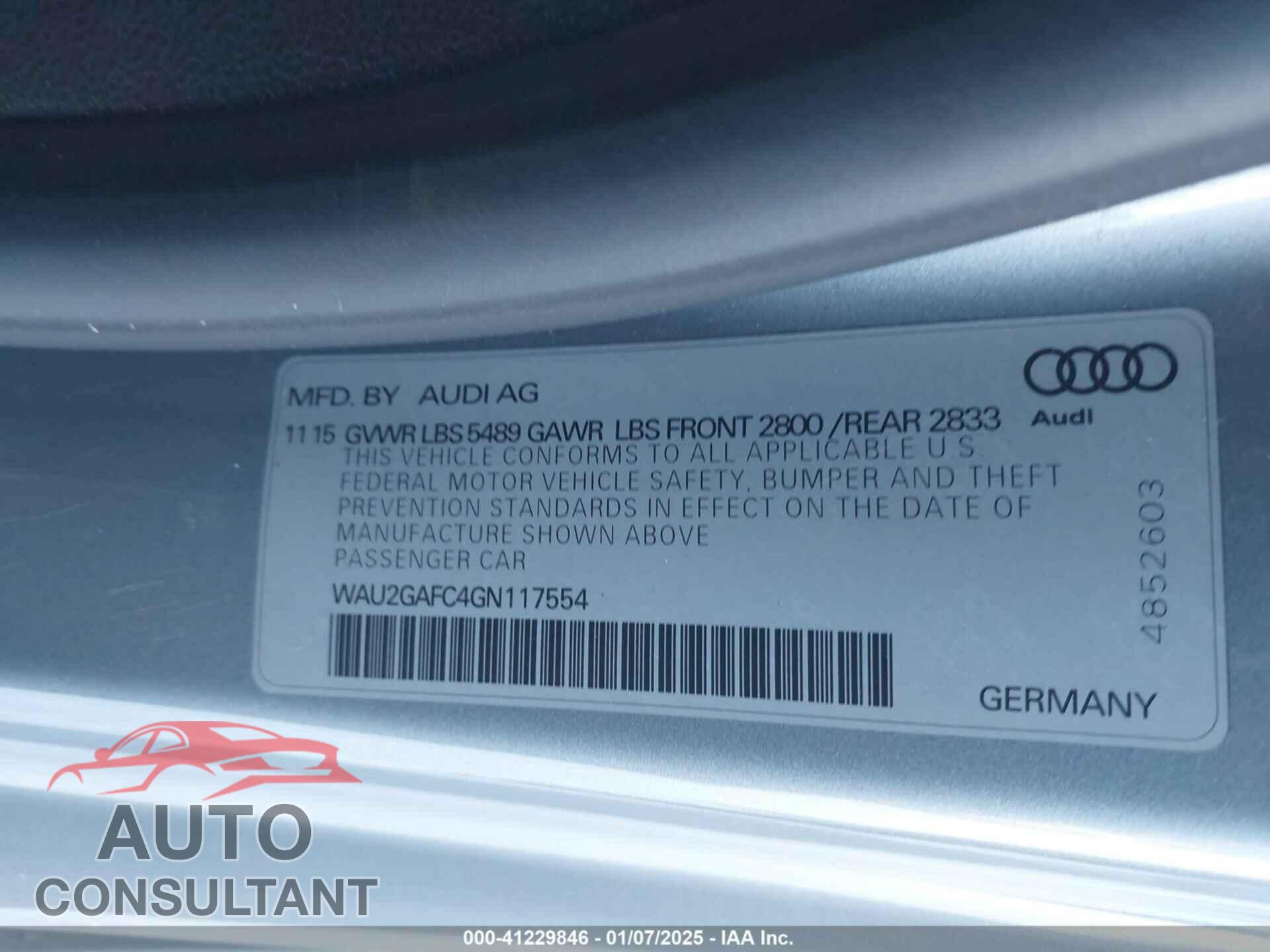 AUDI A7 2016 - WAU2GAFC4GN117554
