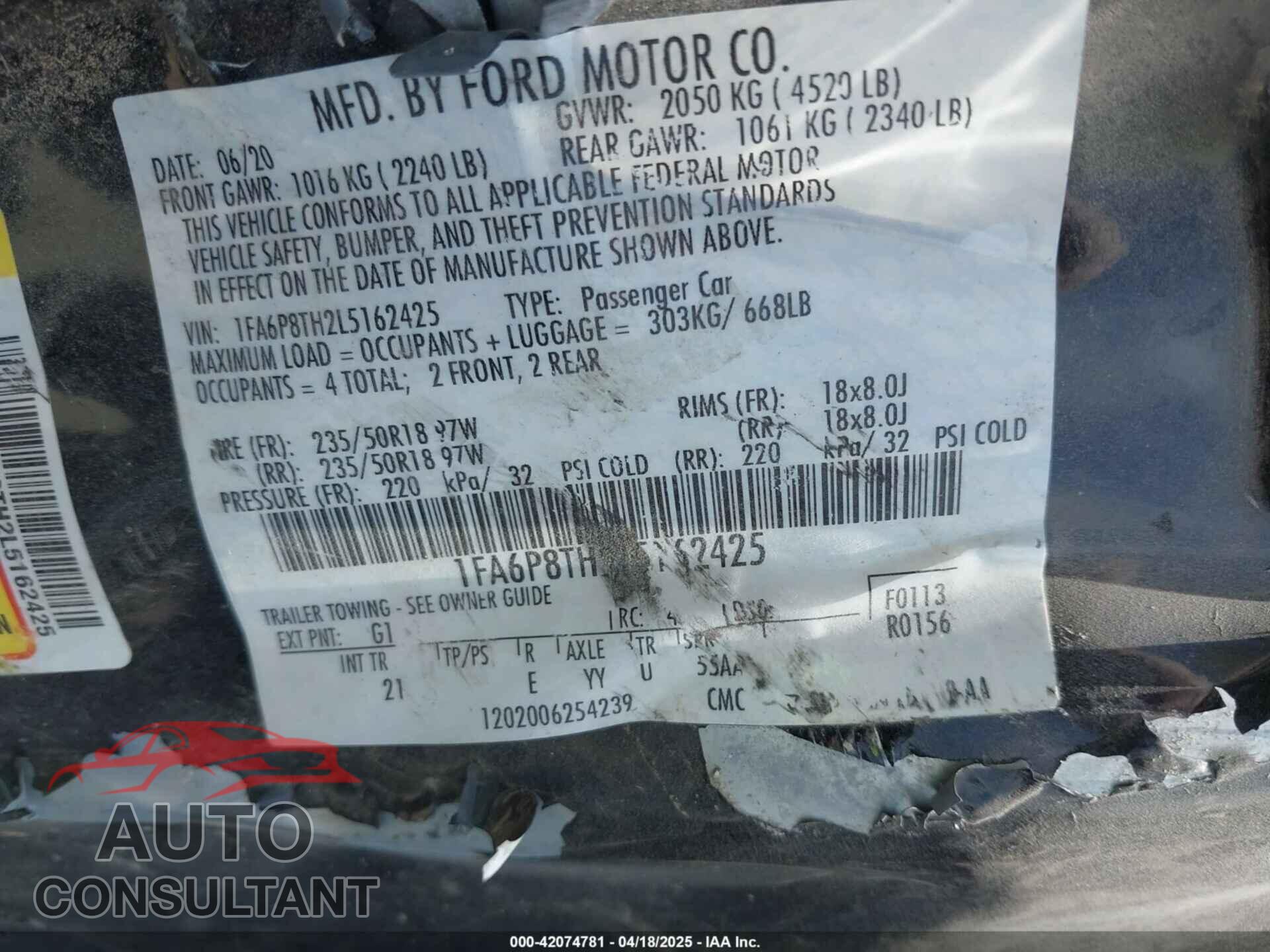 FORD MUSTANG 2020 - 1FA6P8TH2L5162425