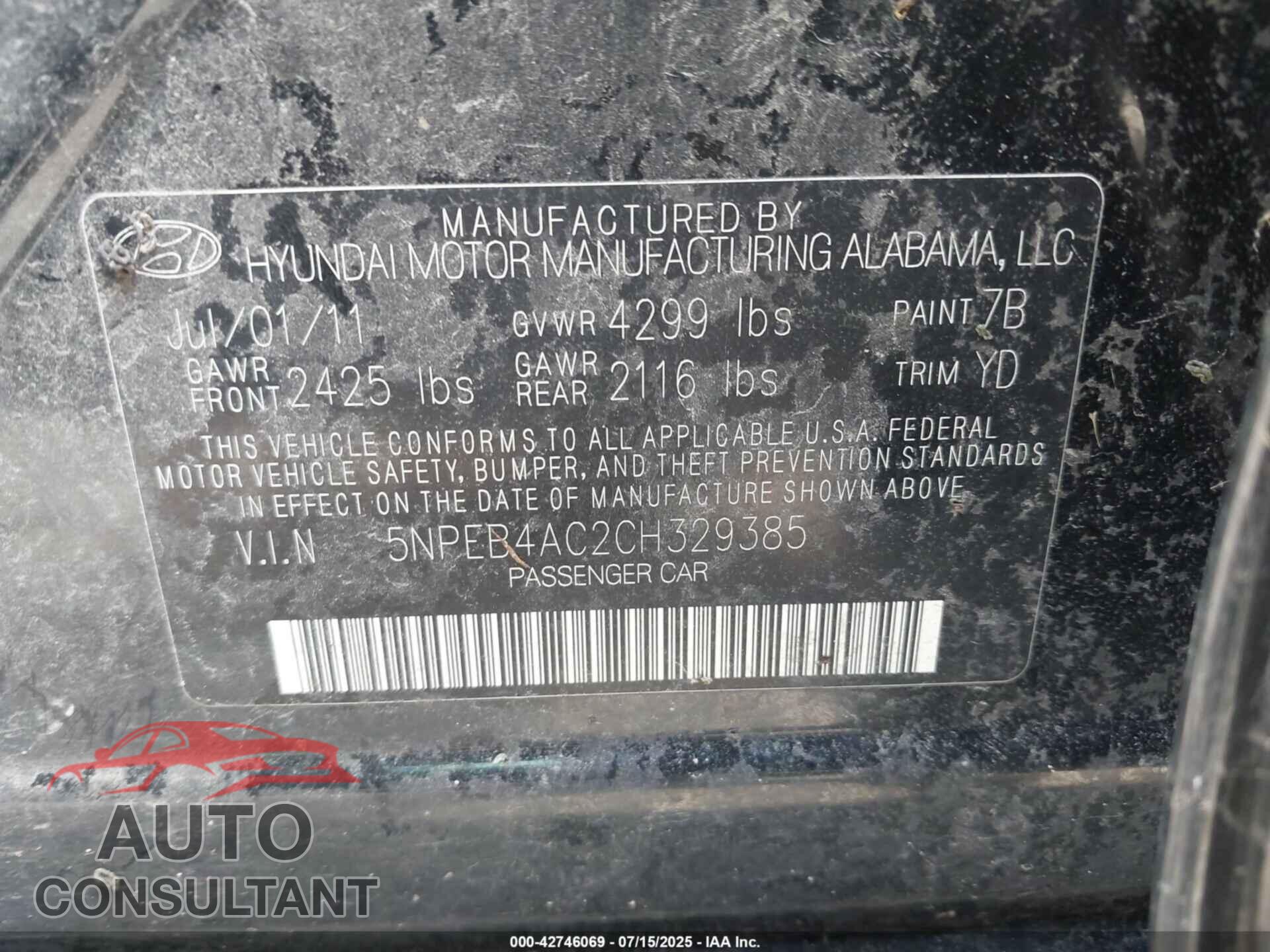 HYUNDAI SONATA 2012 - 5NPEB4AC2CH329385