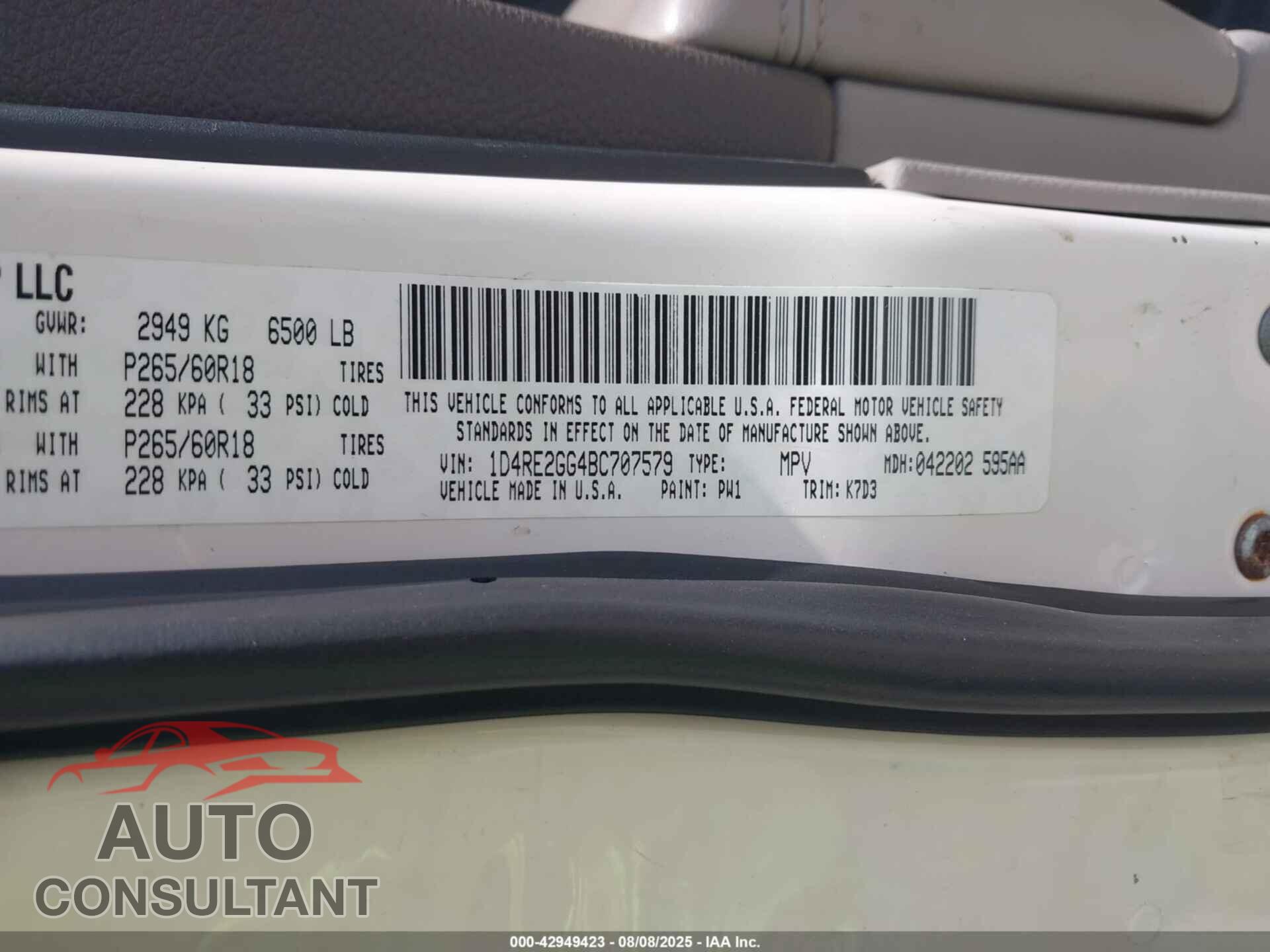 DODGE DURANGO 2011 - 1D4RE2GG4BC707579