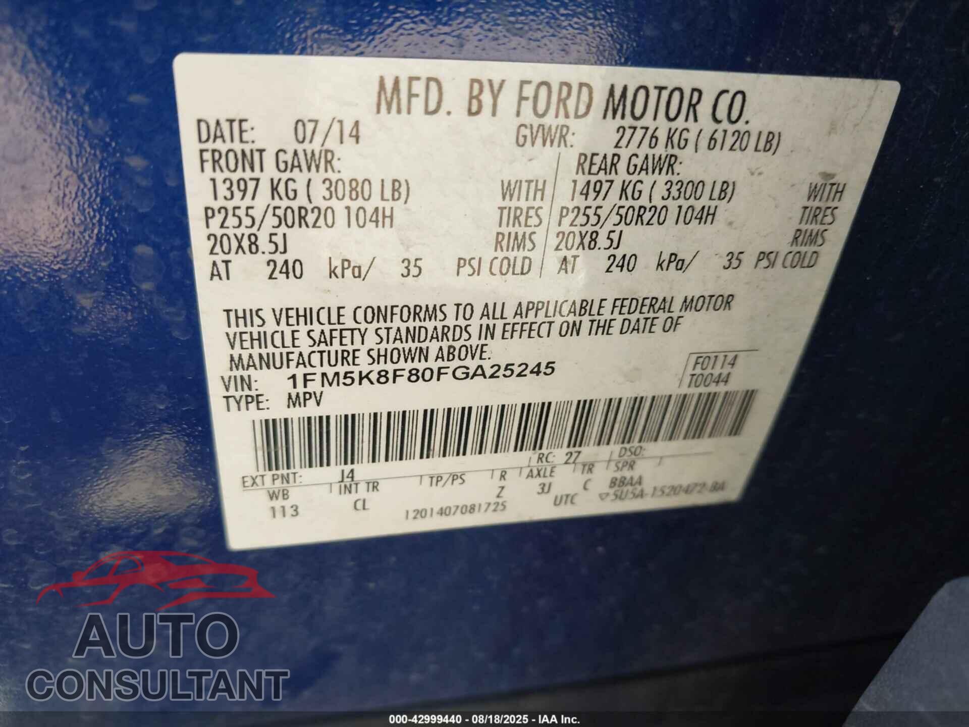 FORD EXPLORER 2015 - 1FM5K8F80FGA25245
