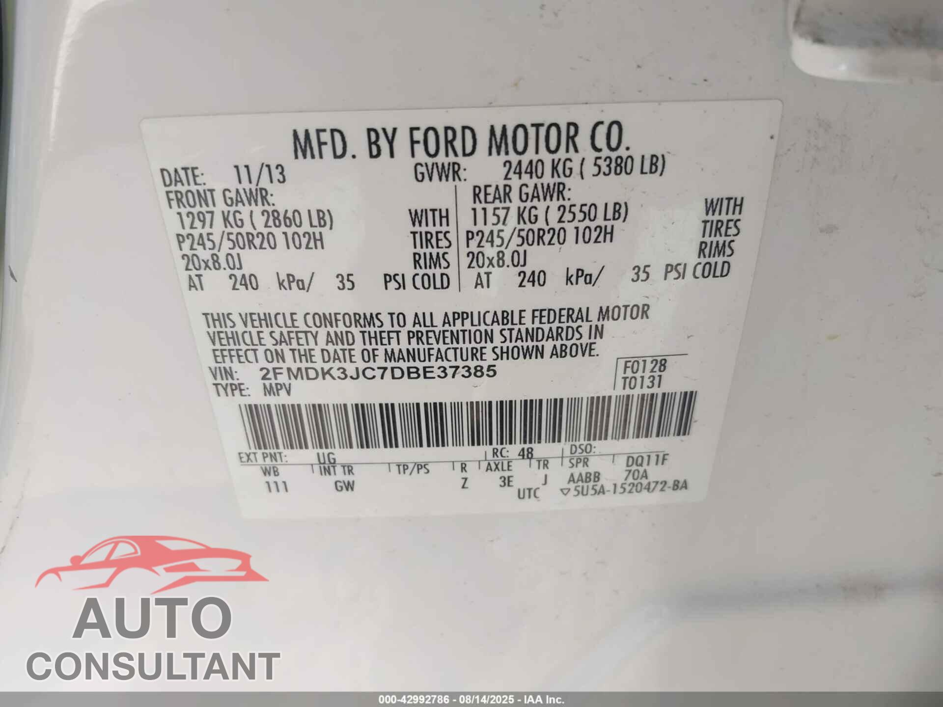 FORD EDGE 2013 - 2FMDK3JC7DBE37385