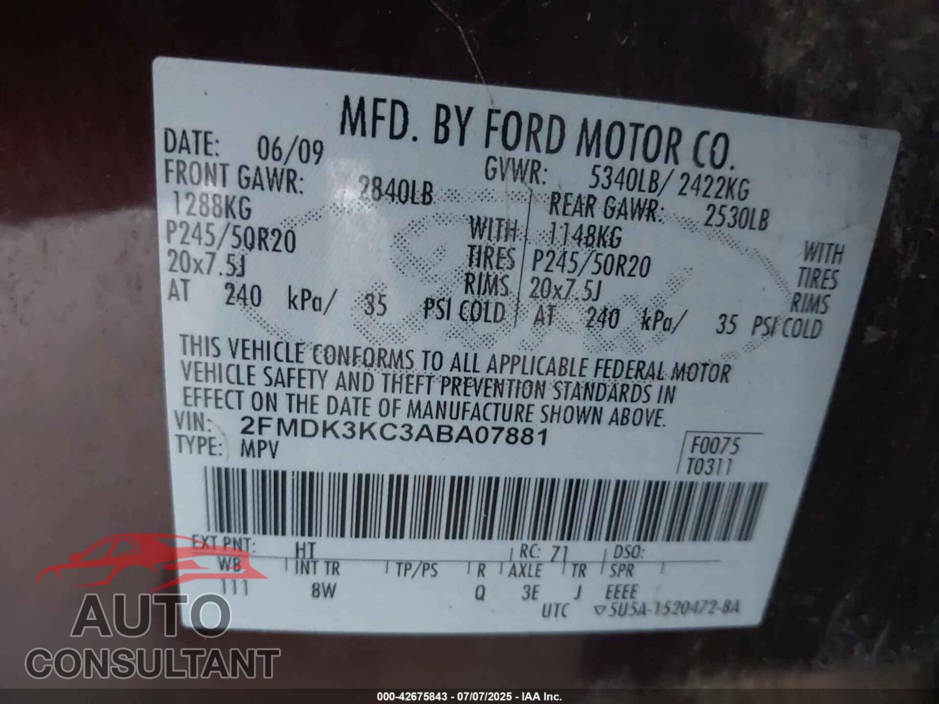 FORD EDGE 2010 - 2FMDK3KC3ABA07881