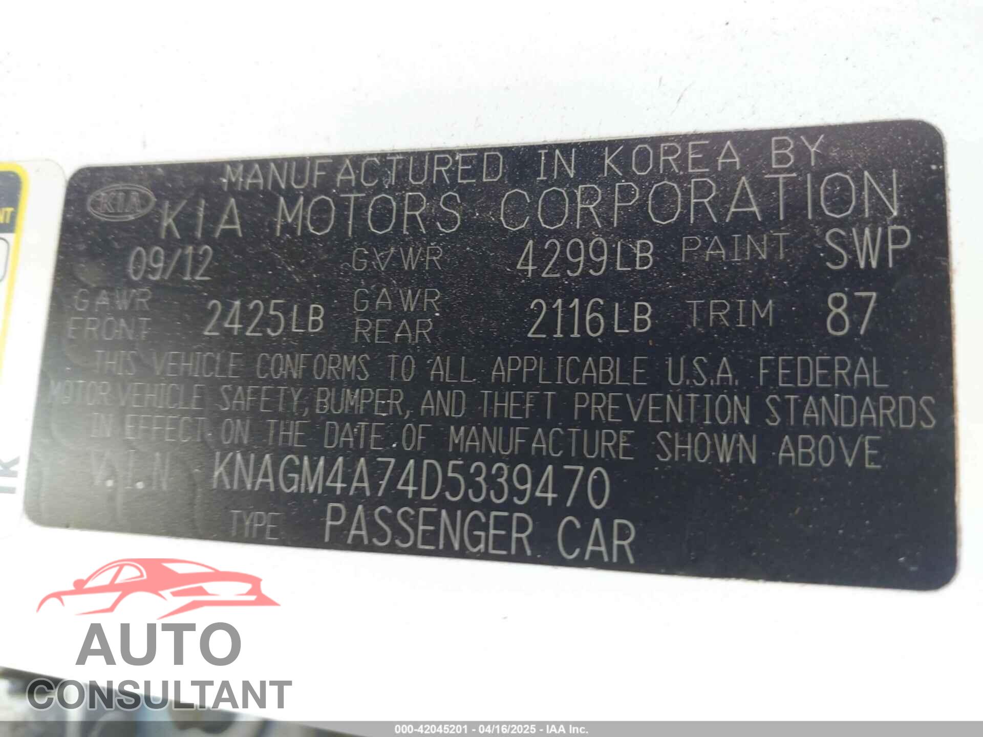 KIA OPTIMA 2013 - KNAGM4A74D5339470
