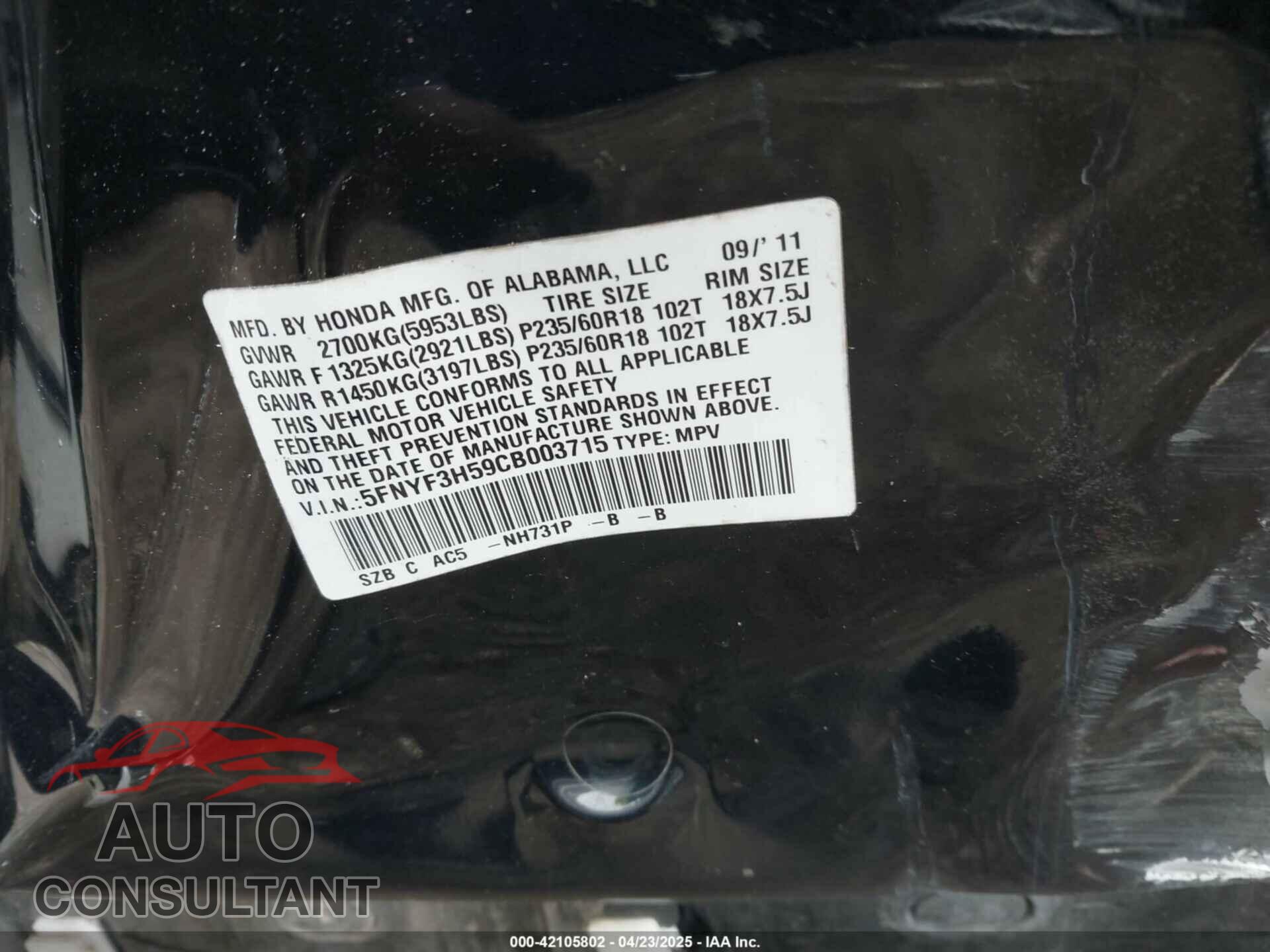 HONDA PILOT 2012 - 5FNYF3H59CB003715