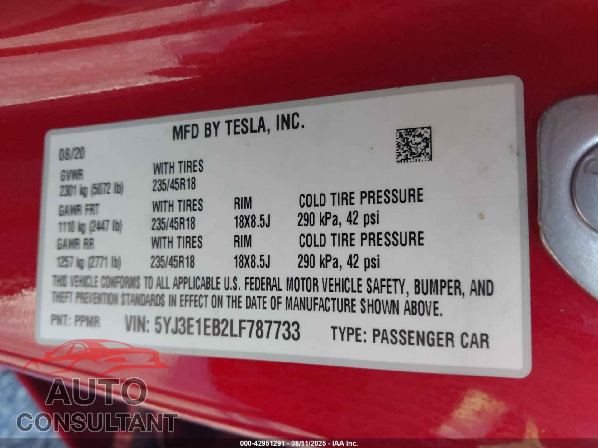 TESLA MODEL 3 2020 - 5YJ3E1EB2LF787733