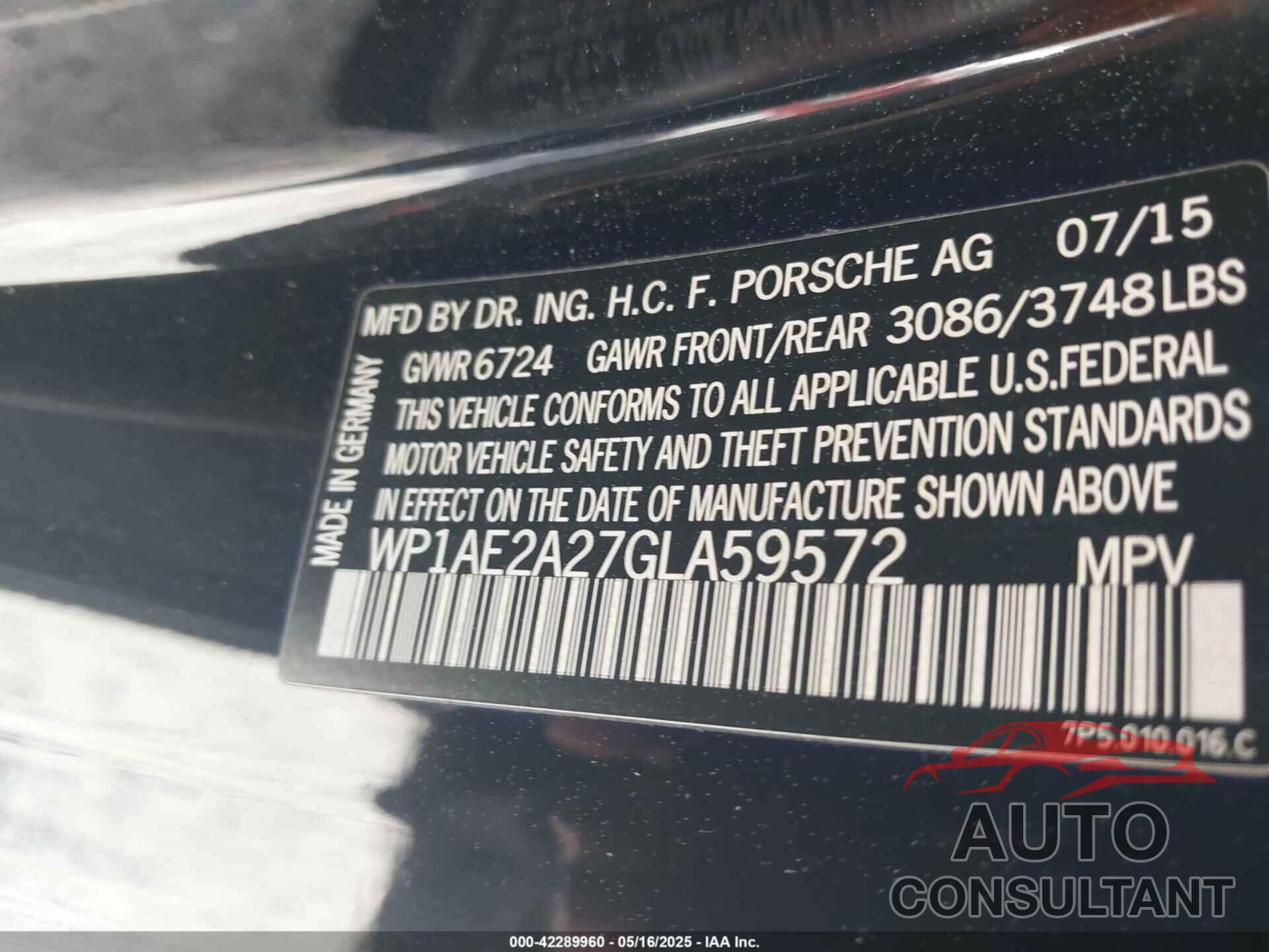 PORSCHE CAYENNE E-HYBRID 2016 - WP1AE2A27GLA59572