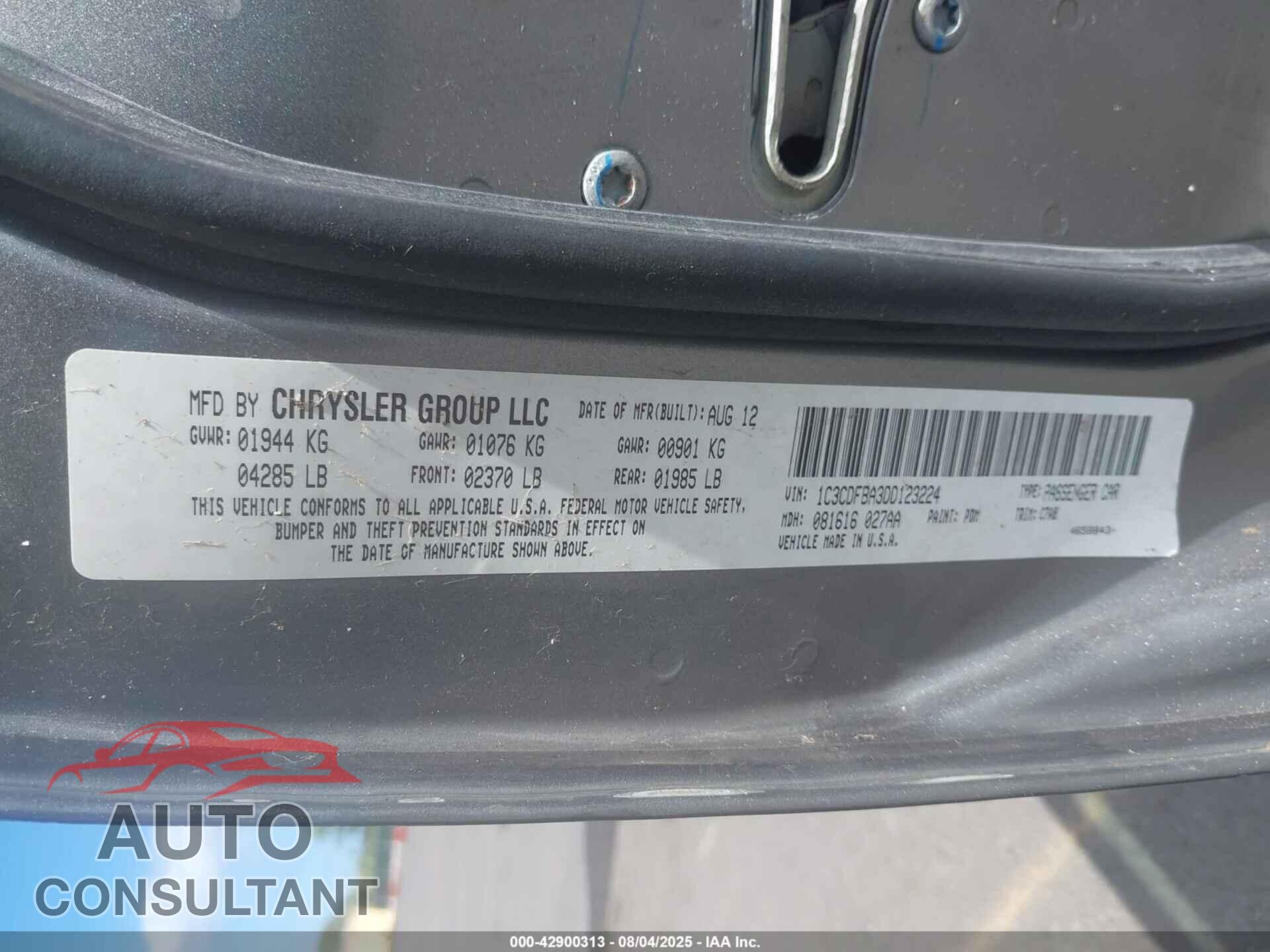 DODGE DART 2013 - 1C3CDFBA3DD123224