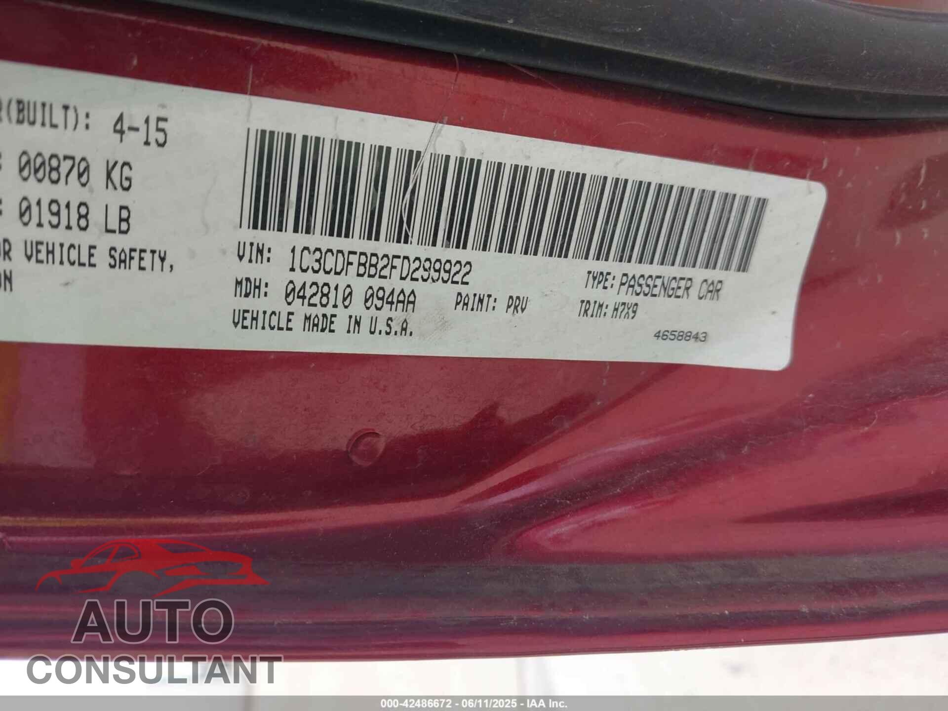DODGE DART 2015 - 1C3CDFBB2FD299922