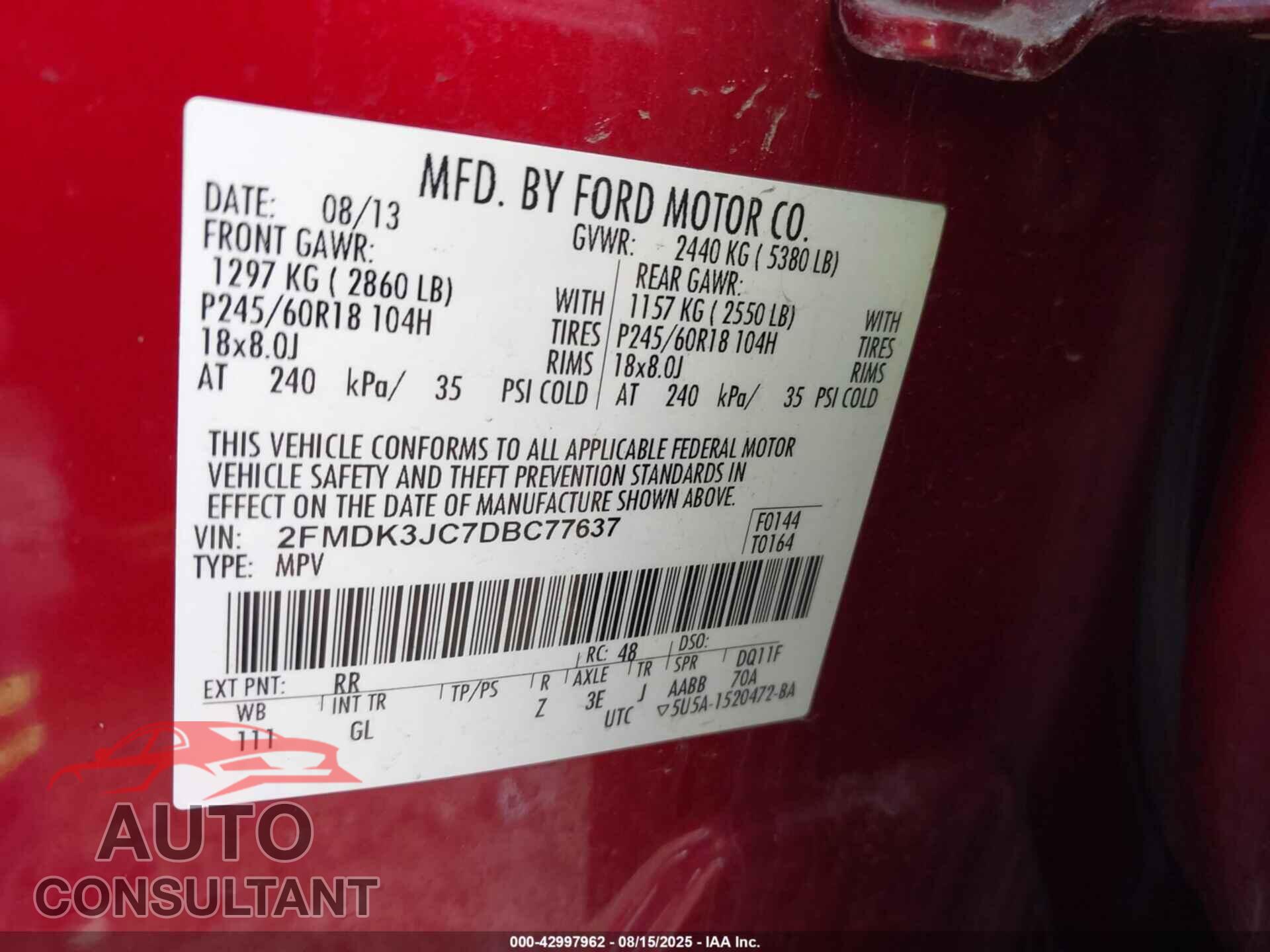 FORD EDGE 2013 - 2FMDK3JC7DBC77637
