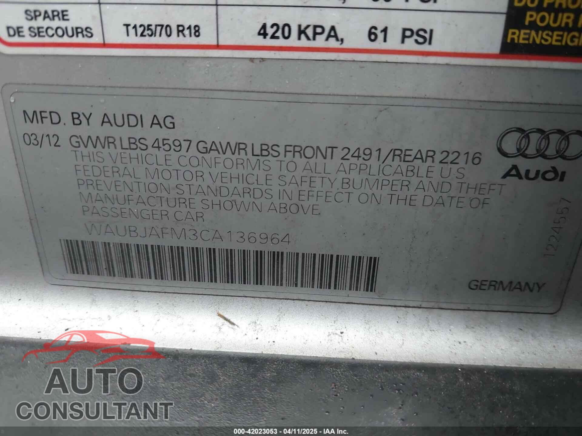 AUDI A3 2012 - WAUBJAFM3CA136964