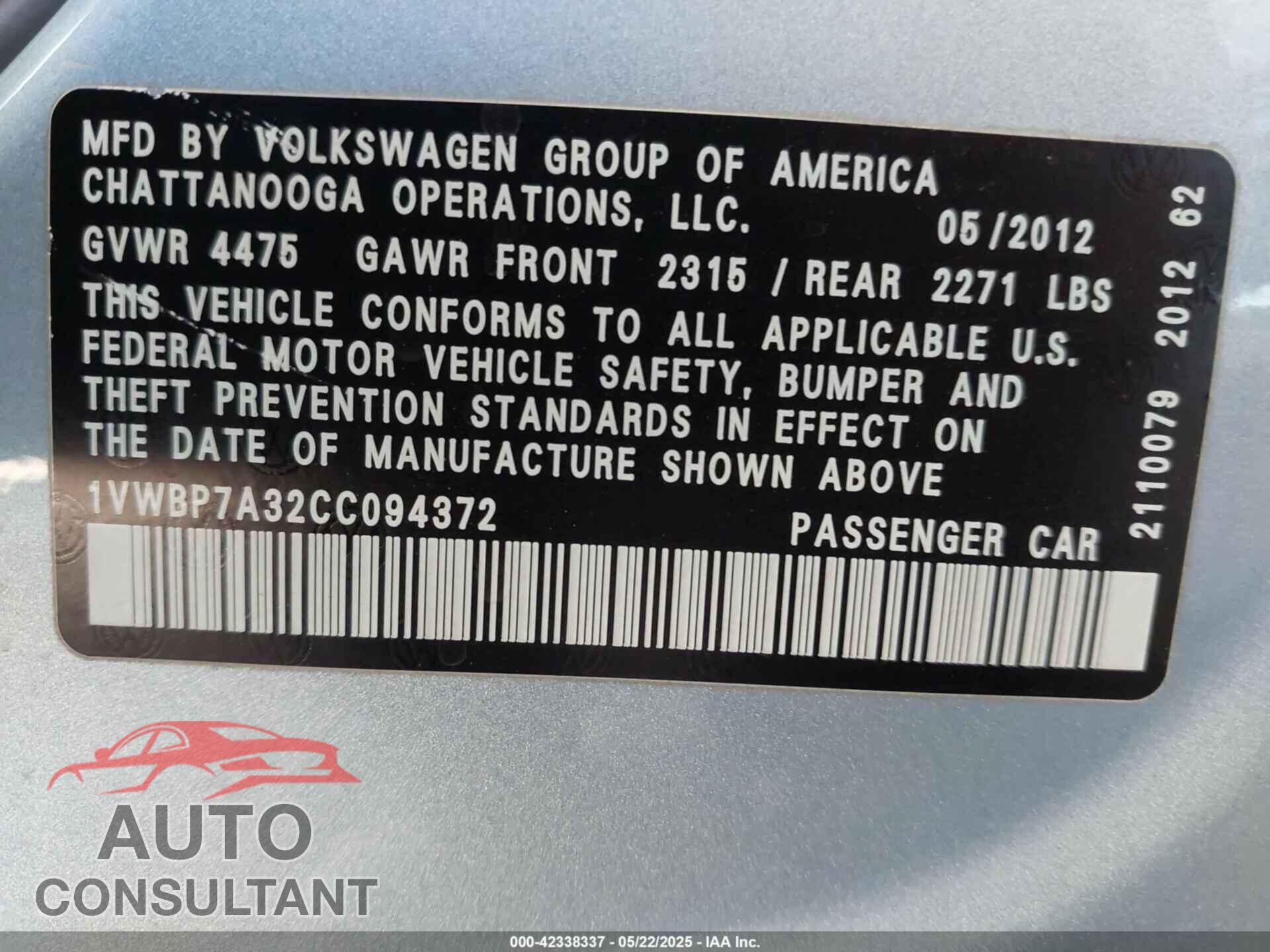 VOLKSWAGEN PASSAT 2012 - 1VWBP7A32CC094372