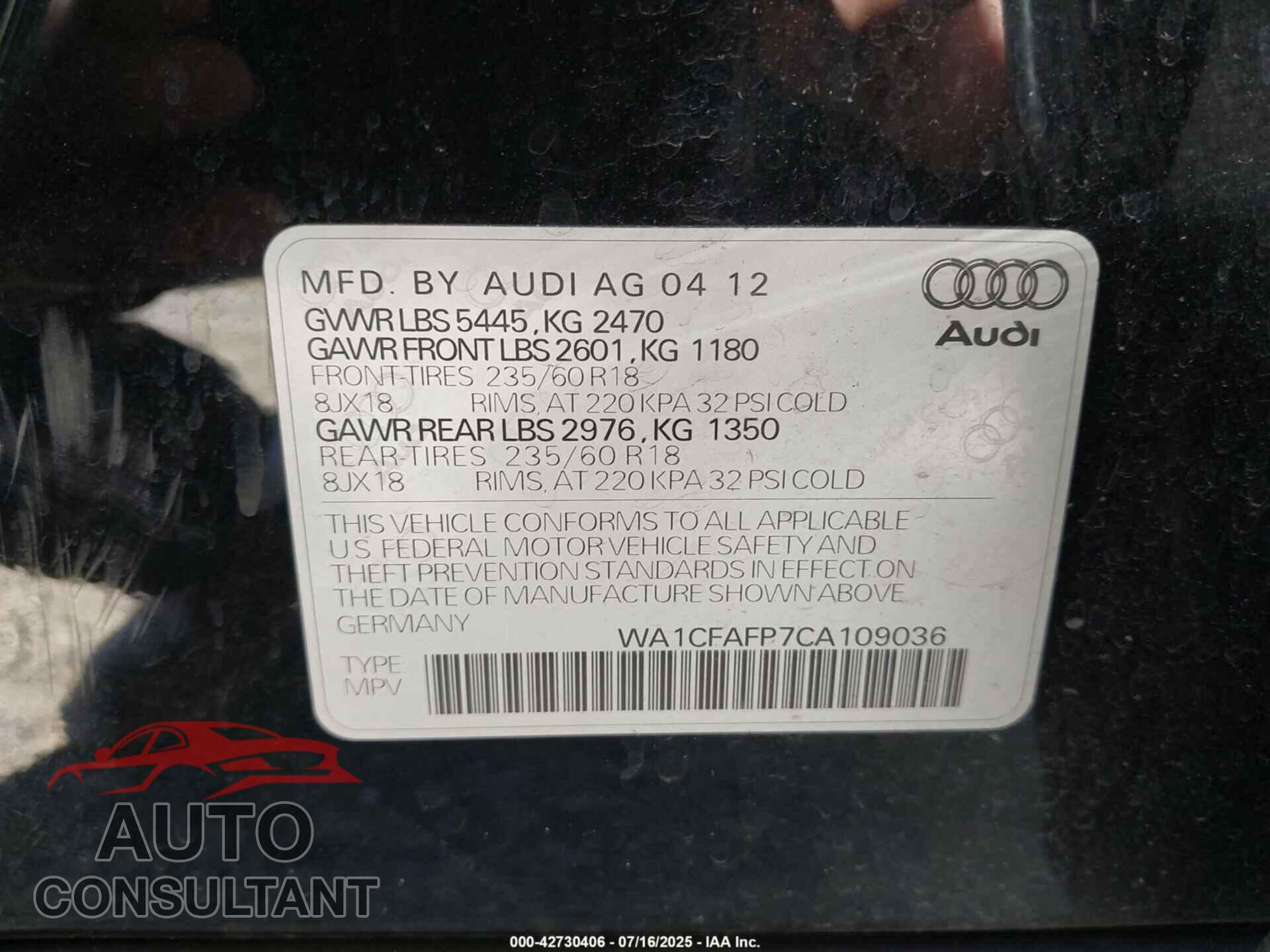 AUDI Q5 2012 - WA1CFAFP7CA109036