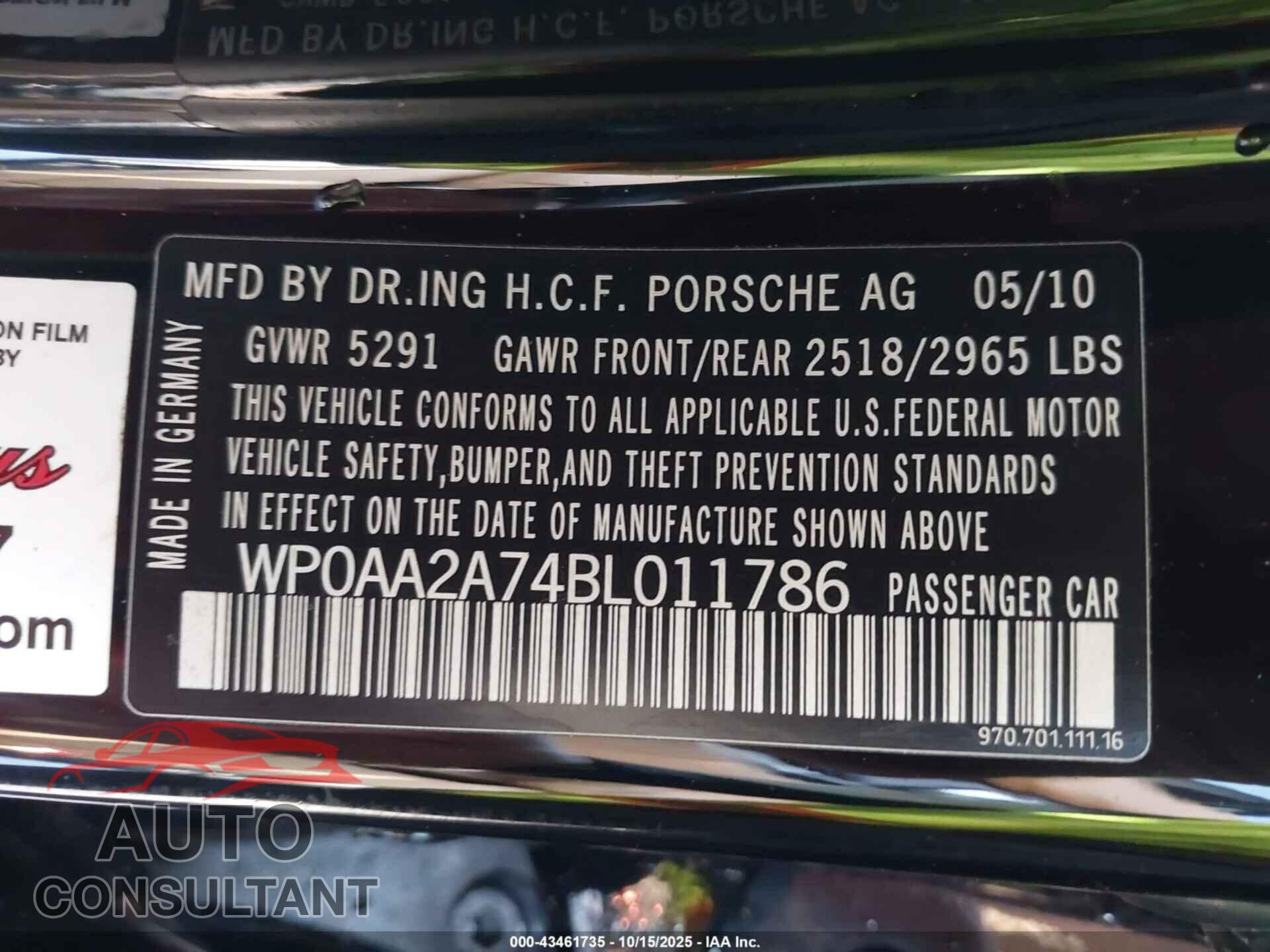 PORSCHE PANAMERA 2011 - WP0AA2A74BL011786